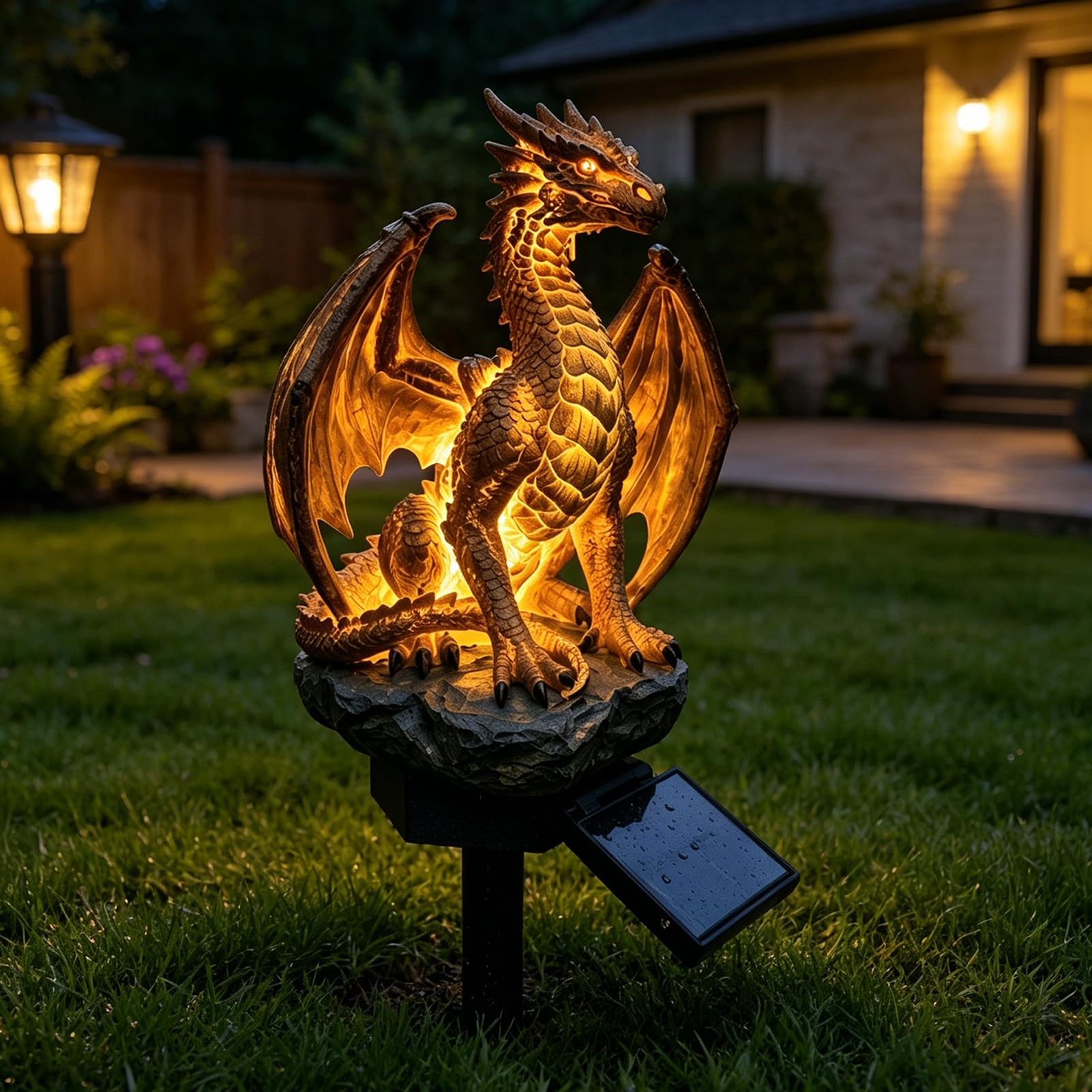 Daceiu Solar Resin Dragon Gorilla Garden Statue with Lantern, Gothic Medieval Outdoor Sculpture for Yard Patio Halloween Decor & Fan Gift A