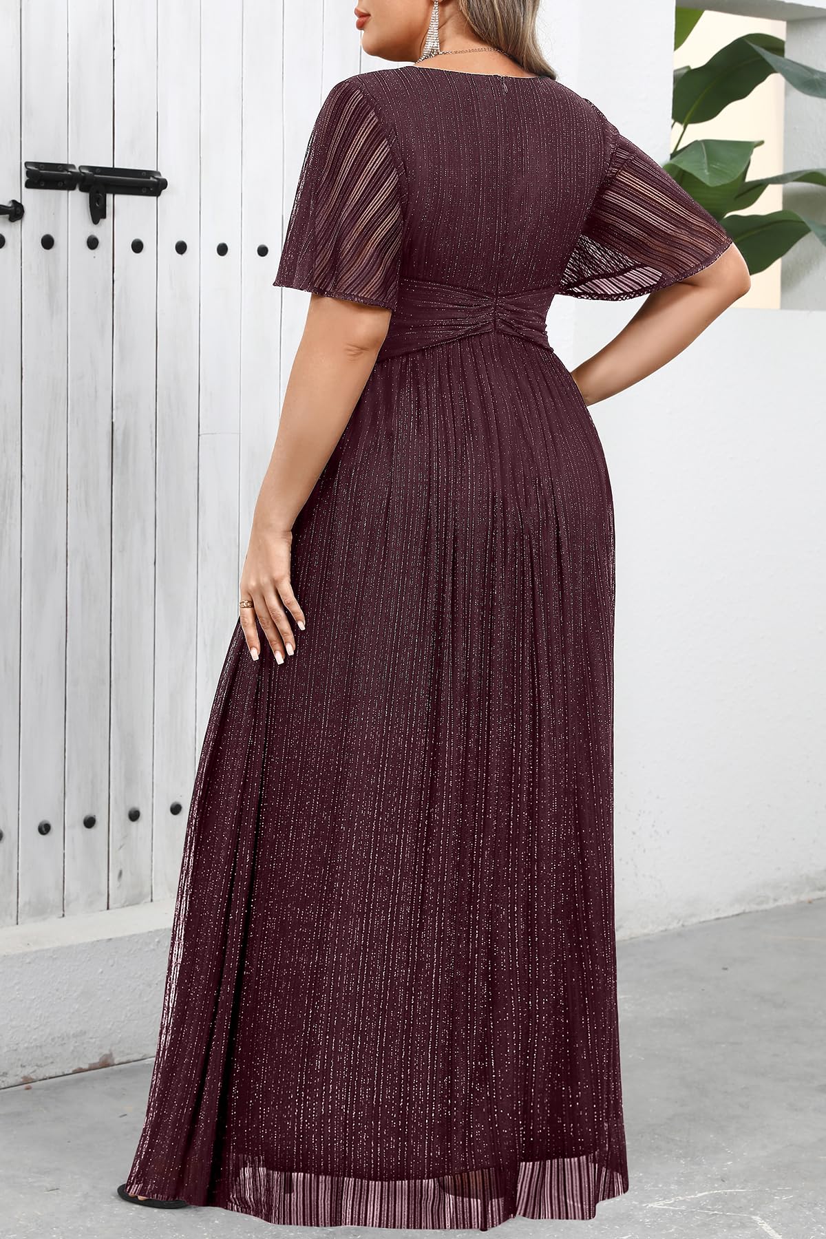 Plus Size Formal Dresses - Wedding Guest Evening Gown Sparkly Sequin Prom Gala Ball Maxi Dress with Short Sleeves