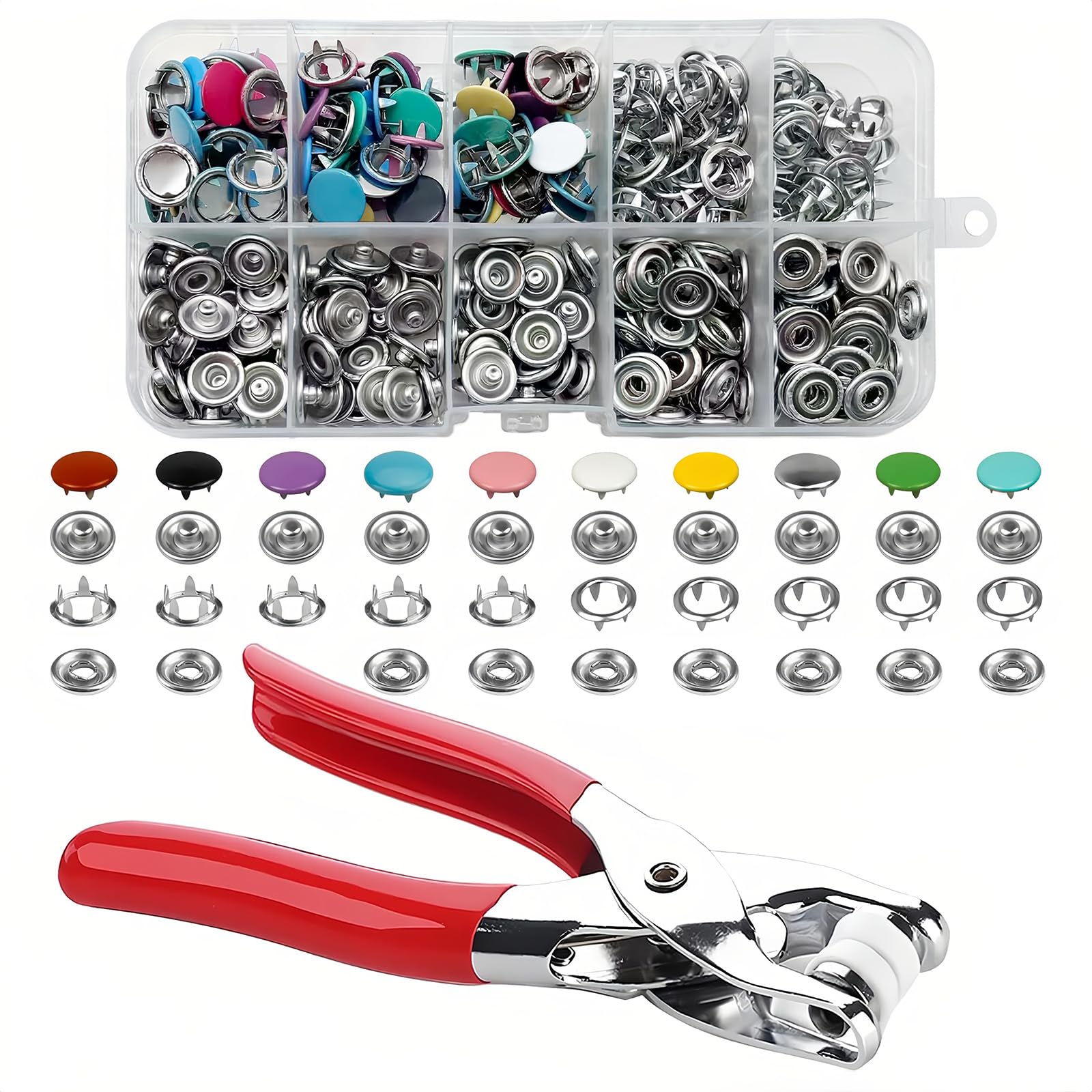 Snap Button Fastener Kit 100 Sets 9.5mm Metal Poppers Fasteners with Pliers