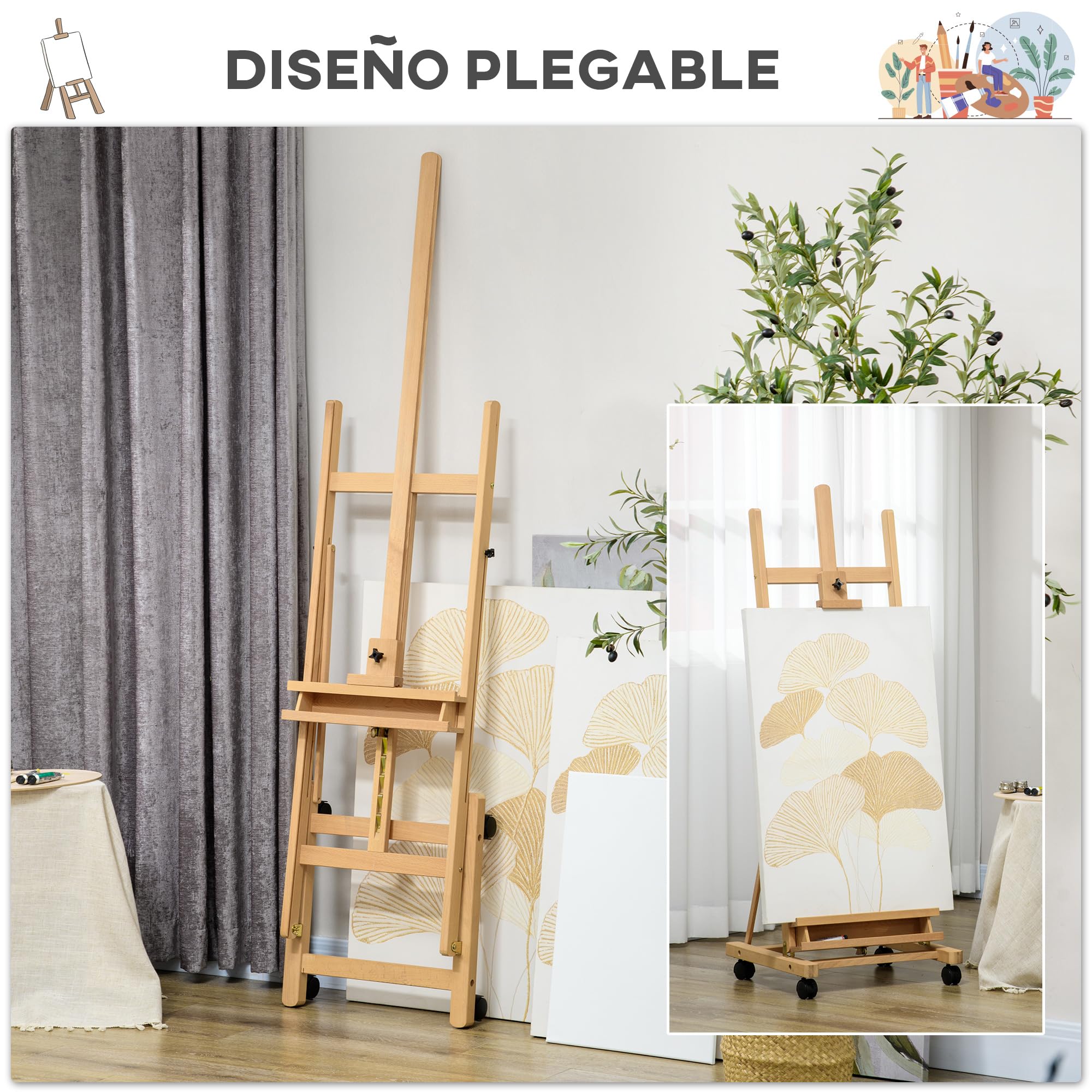 Vinsetto Caballete de Pintura Plegable, 238 cm, Caballete de Madera con Ruedas, Altura Ajustable, Bandeja, para Adultos, Artistas, Pintor, Estudiantes, Natural