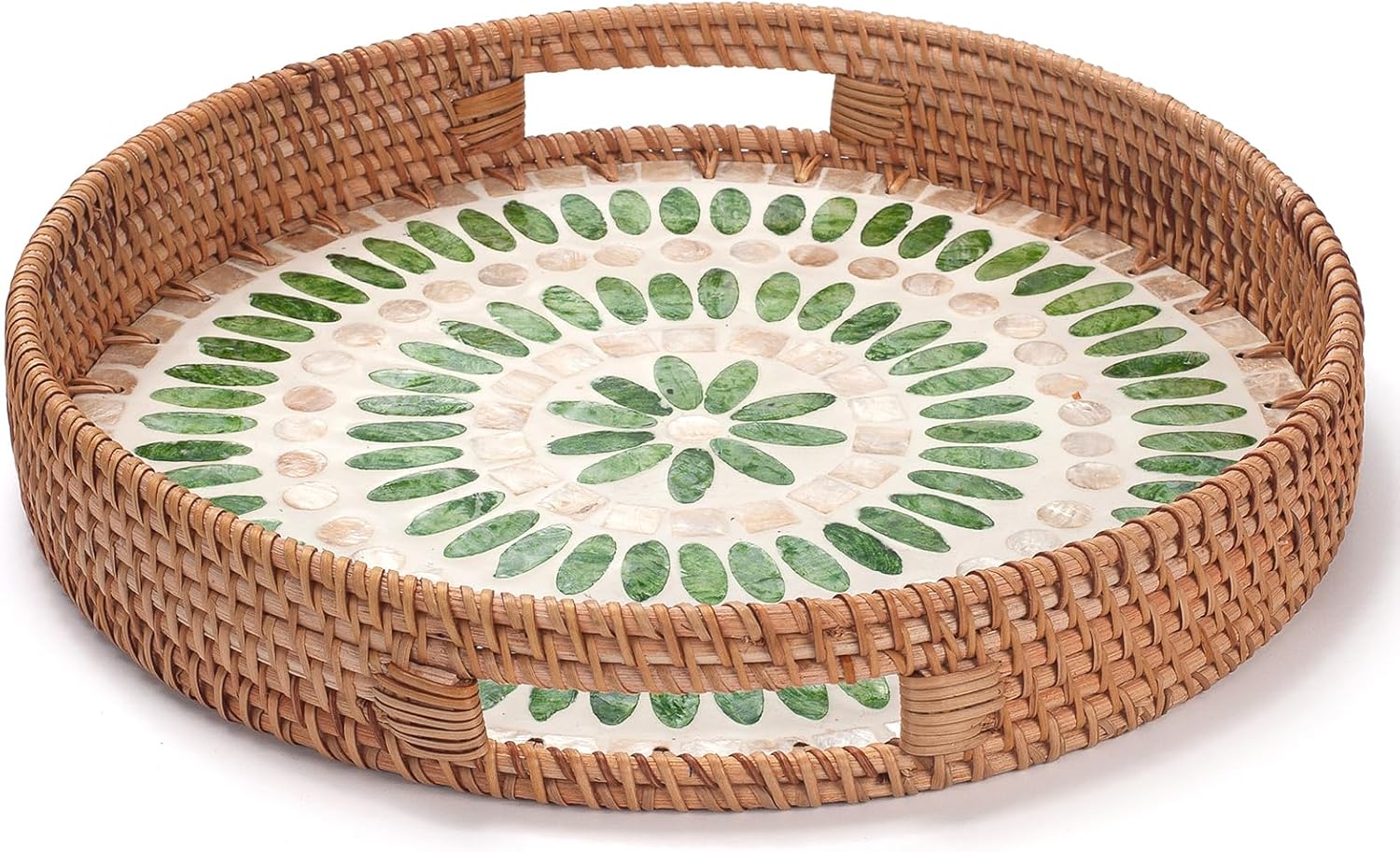 YANGQIHOME Round Serving Tray with Decorative Mother of Pearl Inlay, Wicker Tray for Home Decor, Table Decor, Gifts, Dining, Woven Tray for Food, Fruit, Coffee, 13.8 inch - Image 8