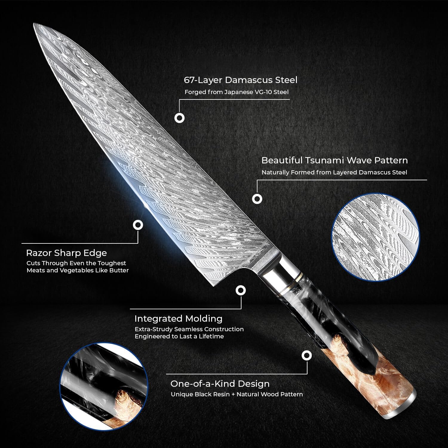 SENKEN 7-Piece Damascus Kitchen Knife Set - Tsunami Collection - 67-Layer Japanese VG10 Steel - Chef's Knife, Cleaver, Santoku, Bread, Boning, & More (Black Resin Blend) image 2 of 9 B0D461C5JT