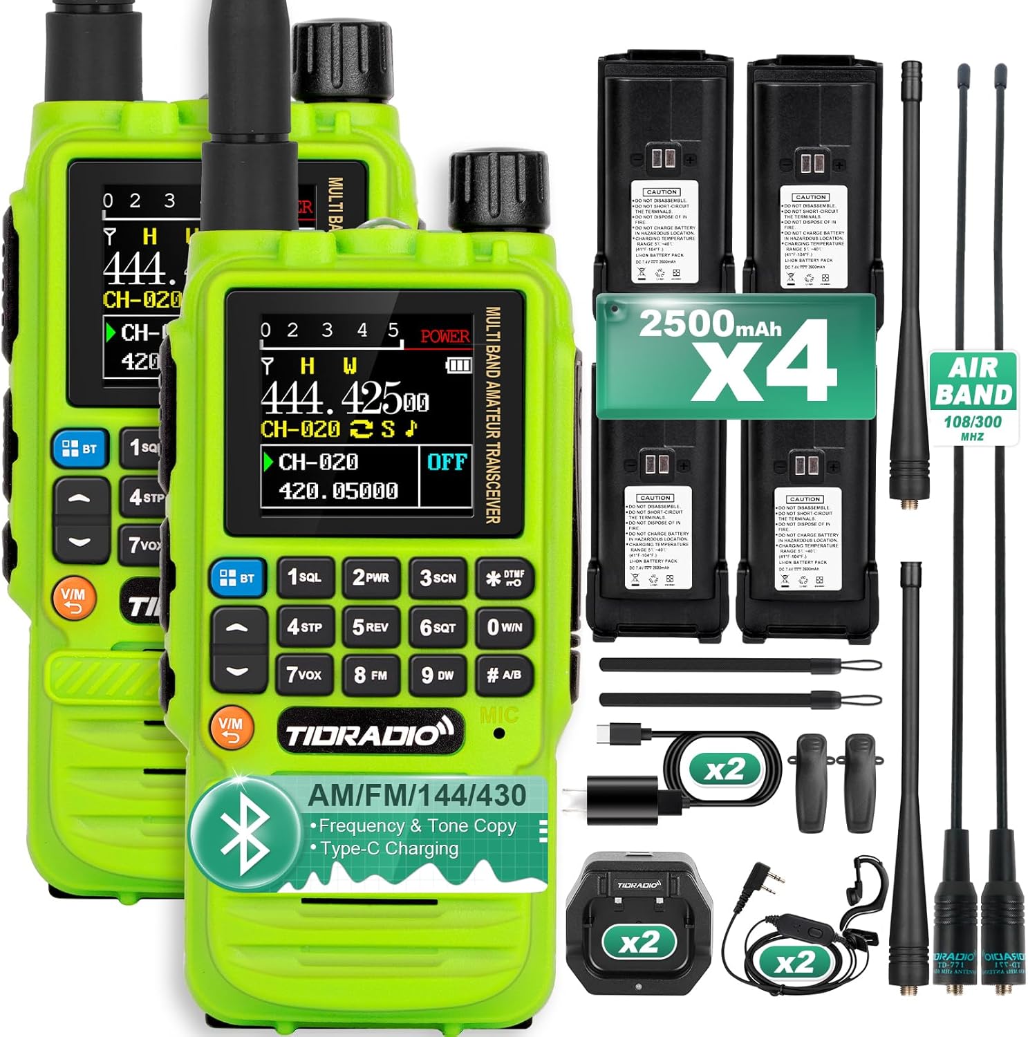 TIDRADIO TD-H3 GMRS Radio Handheld(4PCS Batteries, 15.12" Antenna), Wireless Programming, 8-Band Long Range Walkie Talkies Two Way Radios, Air Band NOAA Weather Receiver for Hunting, 2 Pack(Green)