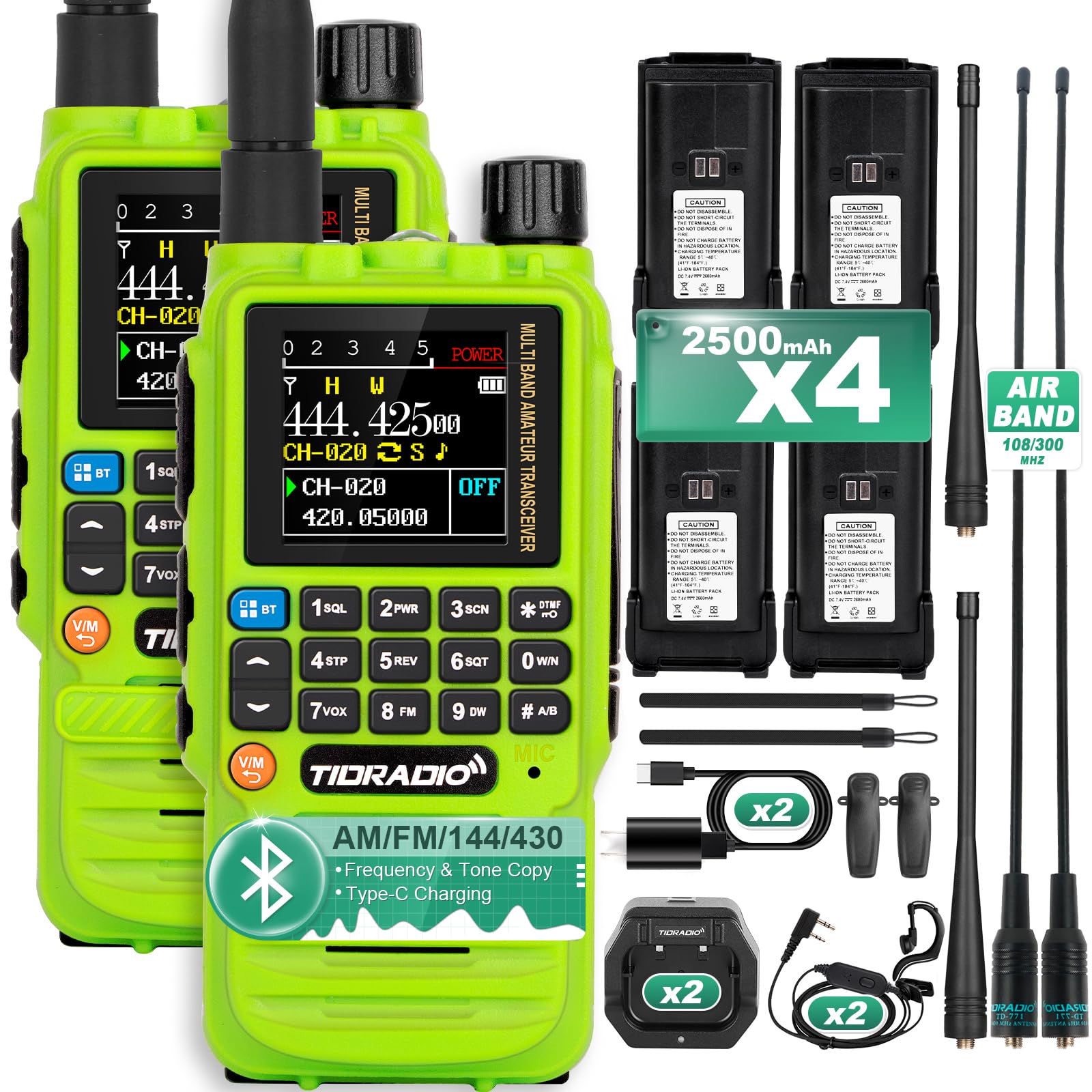 TIDRADIO TD-H3 GMRS Radio,Type C & Wireless Programming(4pcs Batteries)，8-Band Long Range Walkie Talkies Rechargeable Handheld Full-Featured 2 Way Radios, Full Kit (Green)