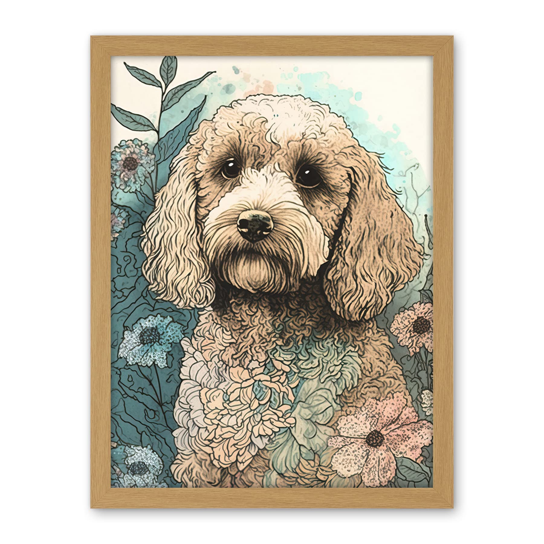 Artery8 Cockapoo Dog in Wildflower Field Pastel Watercolour Illustration Artwork Framed Wall Art Print 18X24 Inch