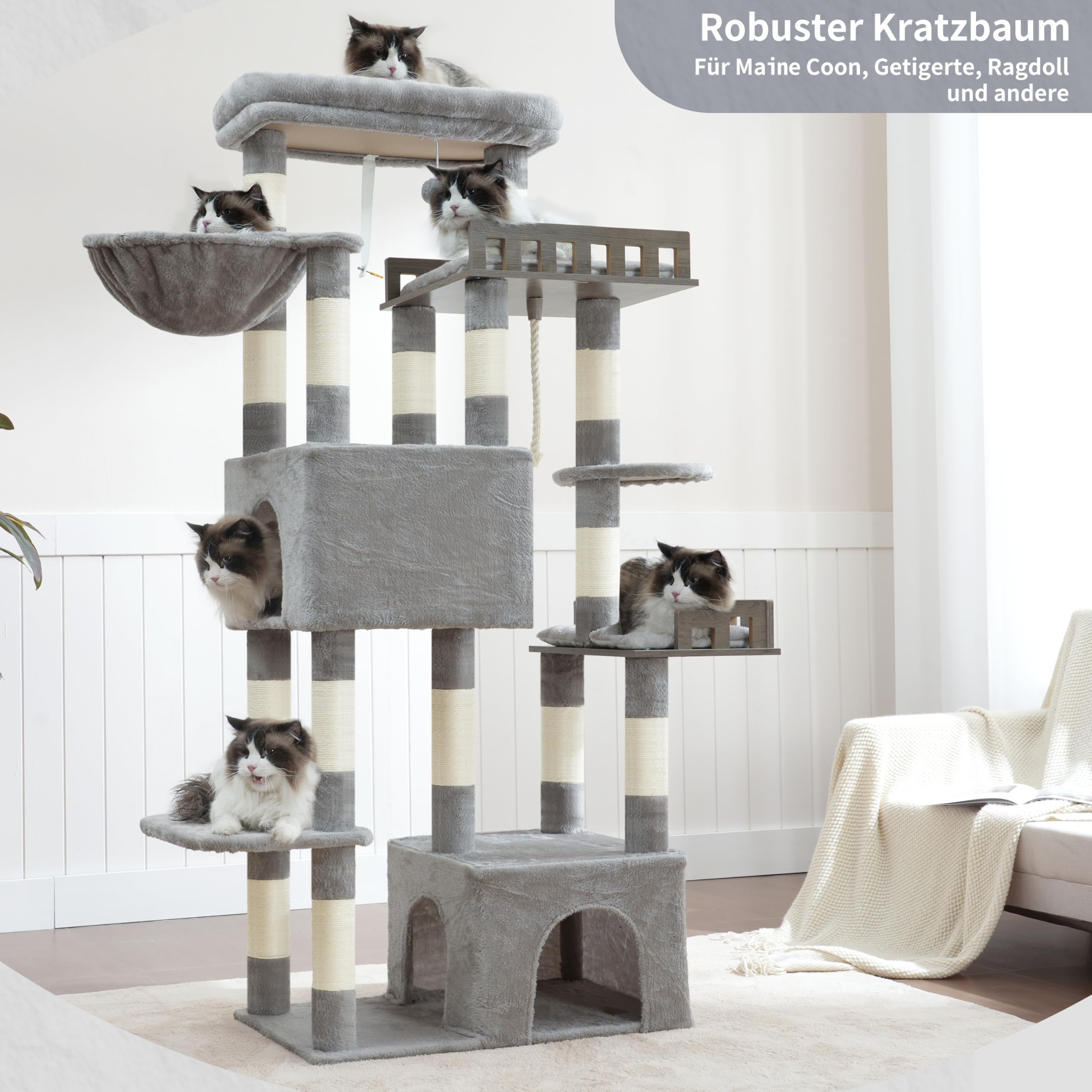 Gitelsnour Kratzbaum groß, Katzenbaum für große ausgewachsene Katzen, 174cm Katzenkratzbaum mit Hängematte, 2 große Sitzstangen, 2 Katzenhöhlen,15 Kratzstangen, Hellgrau GCT033W