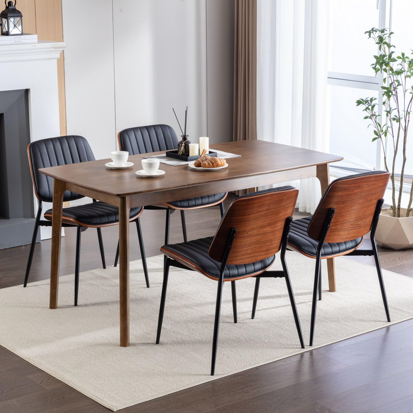Dining Chairs Set of 4, PU Leather Armless Kitchen Chair in Modern Walnut Style, Mid Century Bentwood Side Chair with Metal Legs, Retro Accent Guest Chair for Kitchen Dining Room (4, Pu Black)
