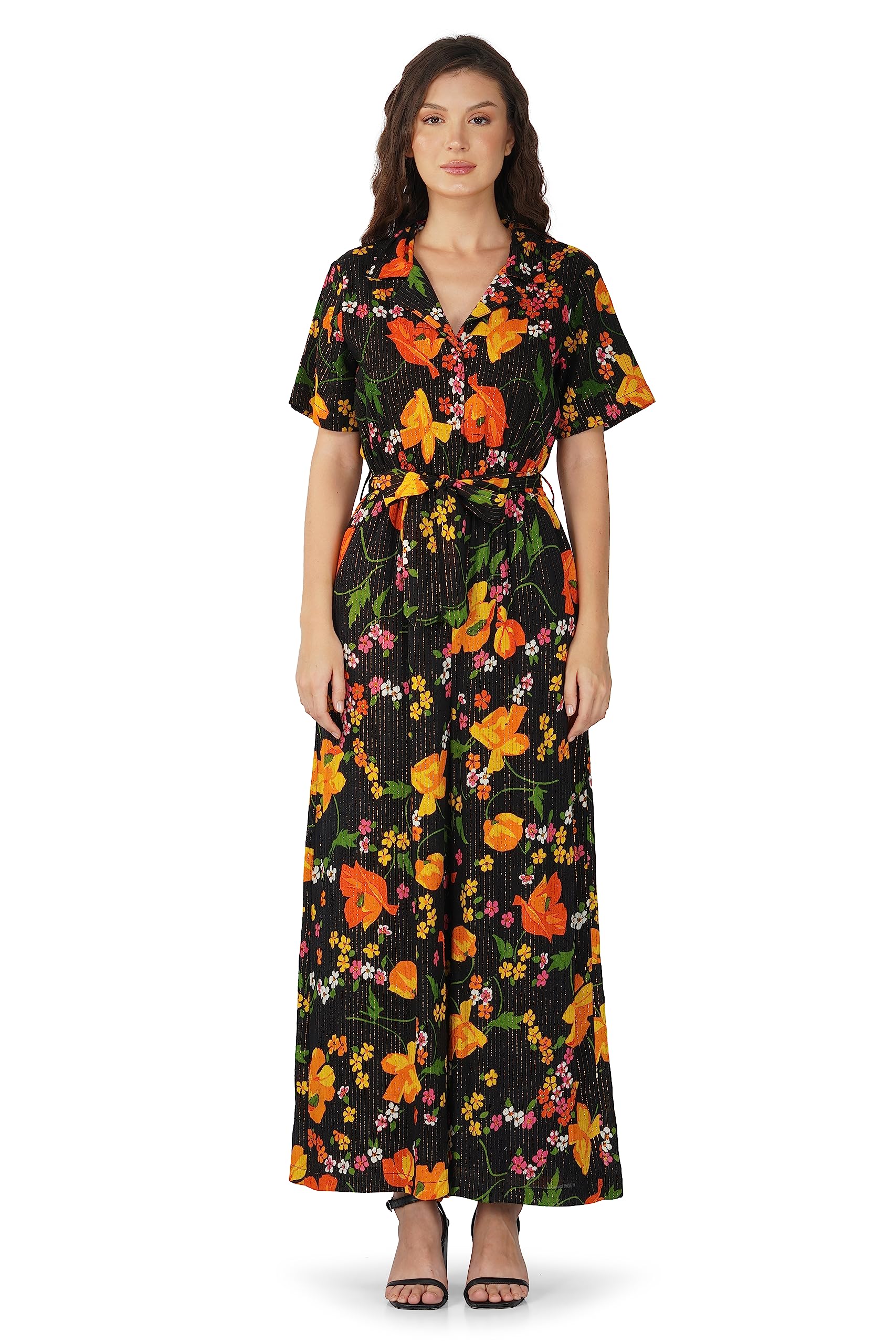 boho girl Bloom in Paradise Jumpsuit for Women with Collared Neckline All Over Floral Print and Lurex Detailing featuring Buttoned Bodice Half Sleeves Wide Leg Design and Detachable Waist Belt-picture-51