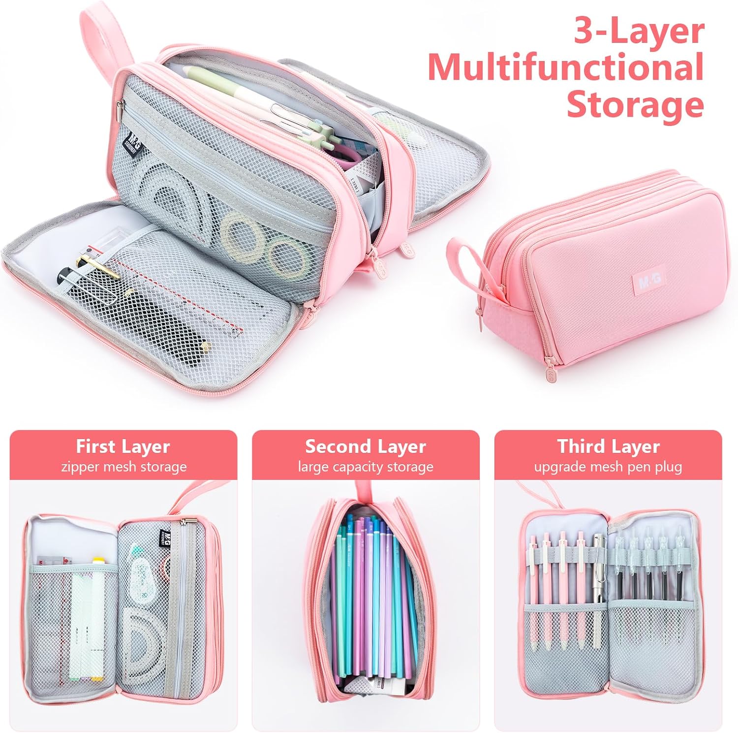 M&G Large Pencil Case 3 Compartment Pouch Pen Bag Pink