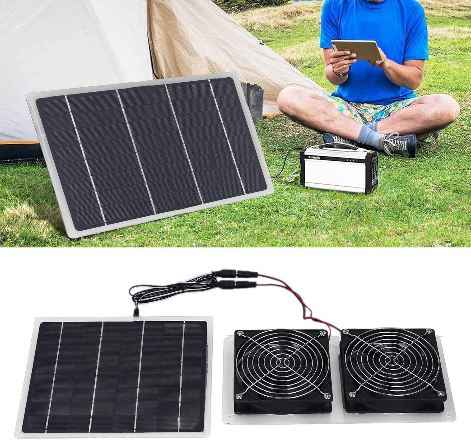 RV Solar Panel Powered Fan, 2 Fans, 100W 20V, Portable Mini Ventilator for Dog Pet House Greenhouse