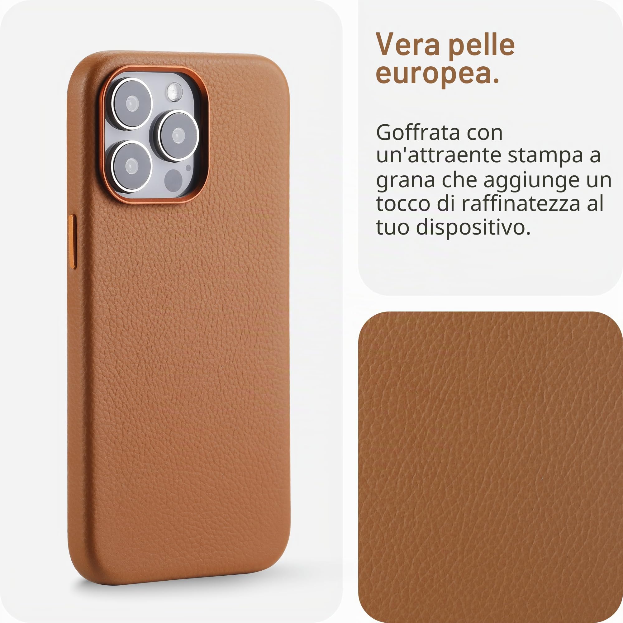 LONLI - per iPhone 15 Pro Max - Custodia europea in vera pelle Pebble con telaio in alluminio per fotocamera [compatibile con Magsafe] - Saddle
