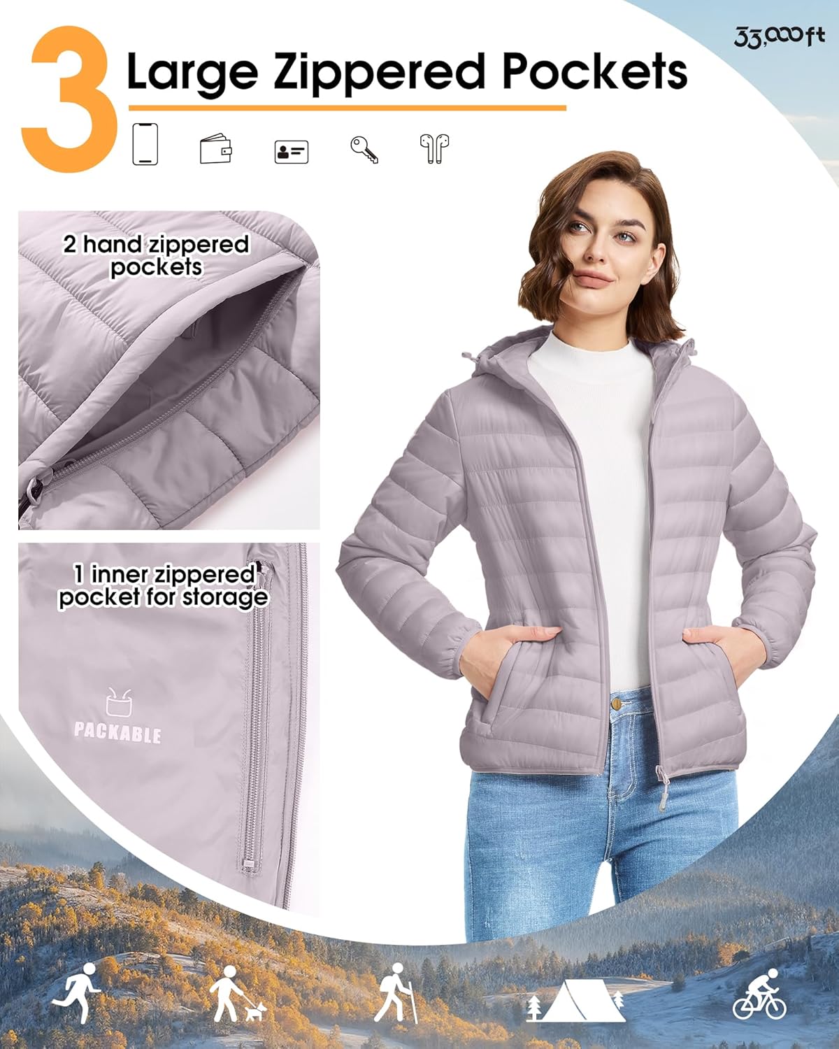 33,000ft Women's Hooded Packable Puffer Jacket Lightweight Warm Puffy Quilted Winter Coat - Image 4