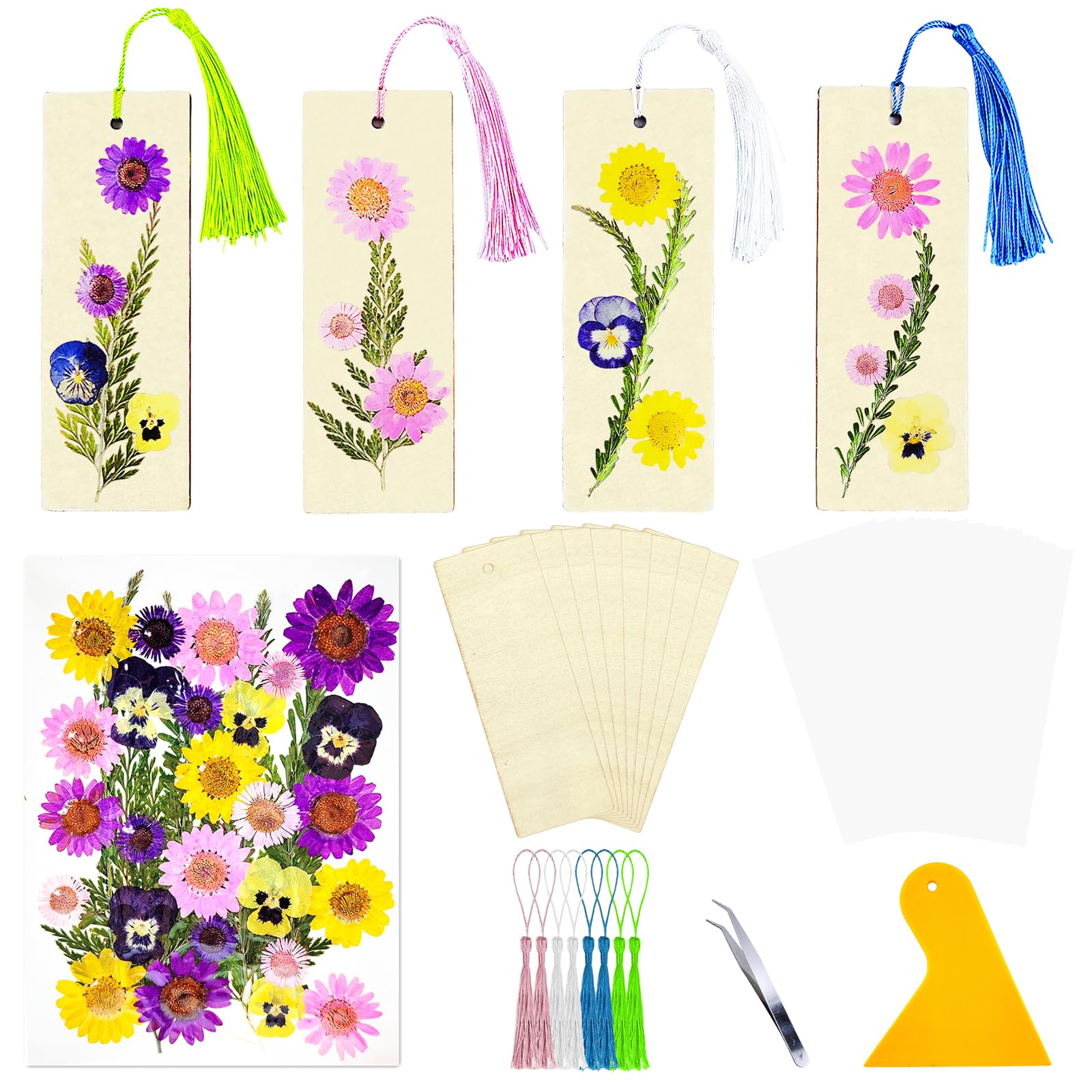 Wooden Blank Bookmarks Set, 8 Pcs DIY Wood Bookmarks for Pressed Flowers, Dried Floral Book Mark Making Kit with 36 Pcs Pressed Flowers, 8 Pcs Tassels, Bookmark Gift Presents for Women and Book Lovers