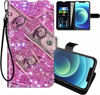 Wallet Case for Samsung Galaxy S25 with Wristband,PU Leather Credit Card Holder Magnetic Stand Shockproof Protective Cover for Samsung S25,Pink Glittering Dollar Bills
