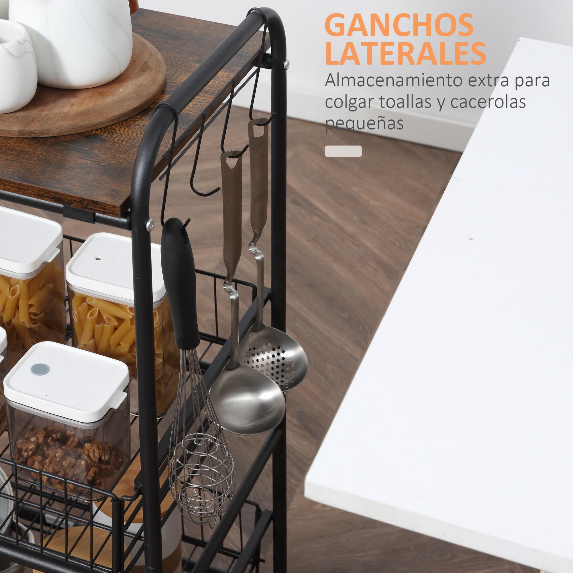 HOMCOM Carrito Auxiliar con Ruedas 3 Niveles 60x38x85,5cm Marrón Rústico