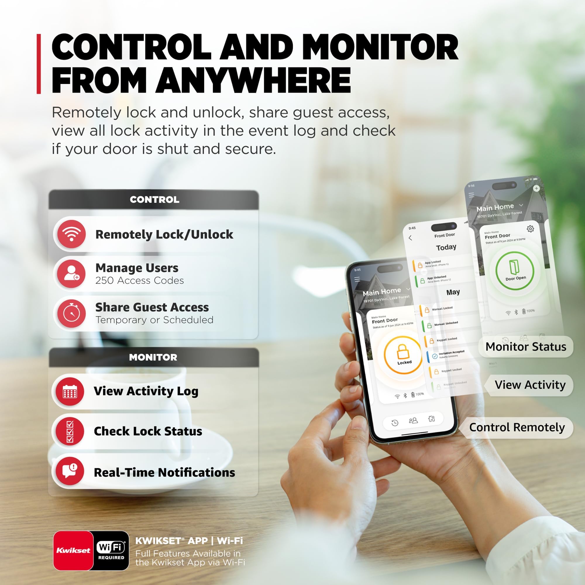 Kwikset Halo Select Plus Touchscreen nero opaco Tasti Apple Home Tap-to-Unlock, Wi-Fi e Matter Enabled Smart Lock catenaccio con sensore di stato porta e rilevamento intrusioni