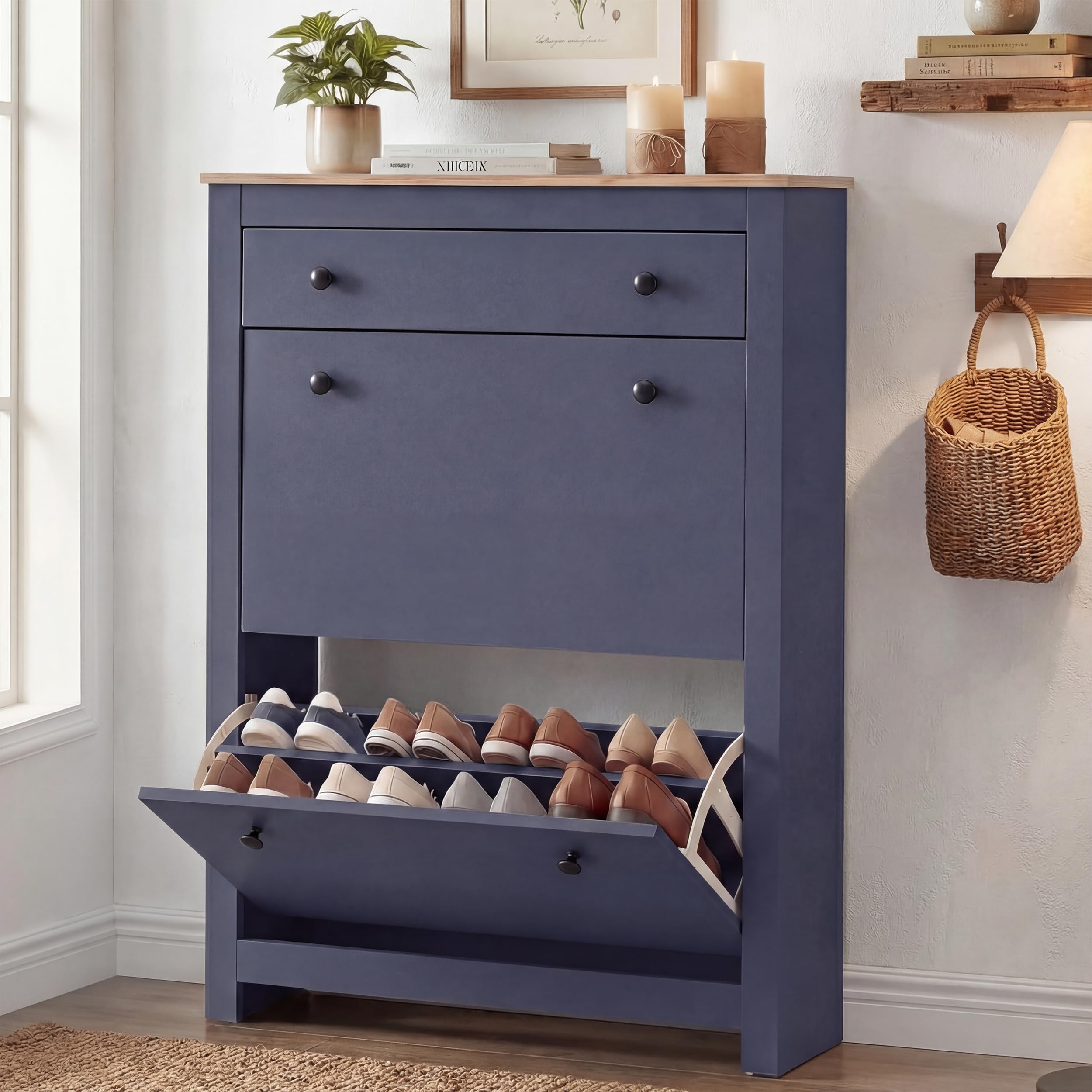 Blisswood Shoe Cabinet, Wooden Shoe Storage Unit with 2 Flip Drawers & 1 Open Drawer, Freestanding Shoe Rack Organiser, Adjustable Shelves, Cupboard for Entryway Footwear Stand Hallway Furniture_Blue — image 1