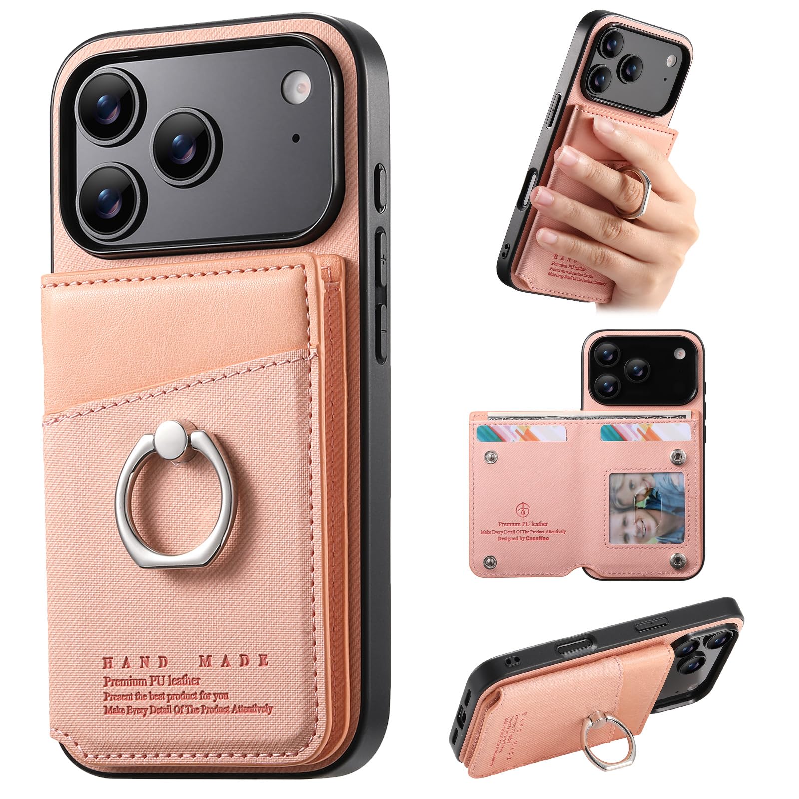 ONETHEFUL 対応 iPhone 17 Pro ケース 手帳型 背面 カード収納 あいふおん17プロケース スタンド機能 リング付き アイフォン17pro カバー 財布型 For iphone17pro カバー カメラ保護 PUレザー RFIDブロッキング 360°回転 TPU全面保護ピンク