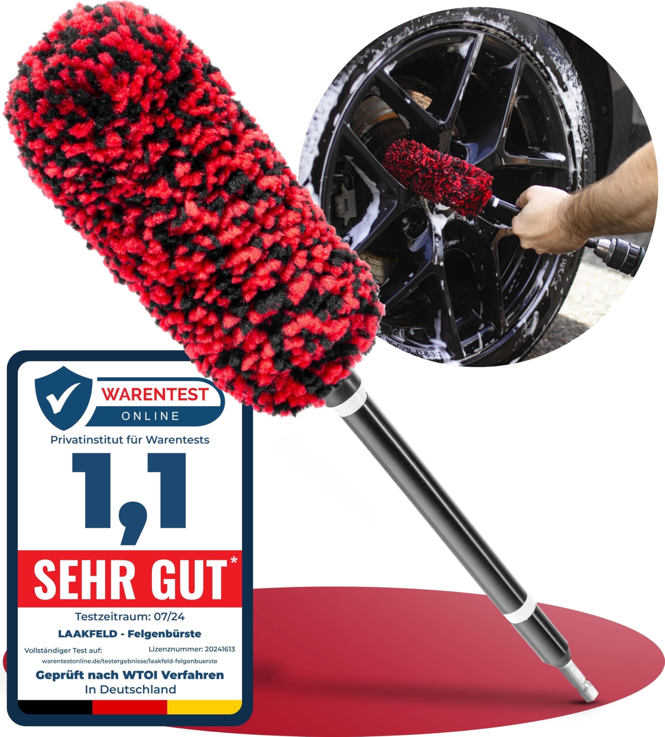 LAAKFELD Felgenbürste für Akkuschrauber (schnelle & mühelose Reinigung) - Top Ergebnis mit schonendem & langlebigem Bürstenaufsatz Akkuschrauber Auto - Felgen Bürste Bohrmaschine einfach & belastbar