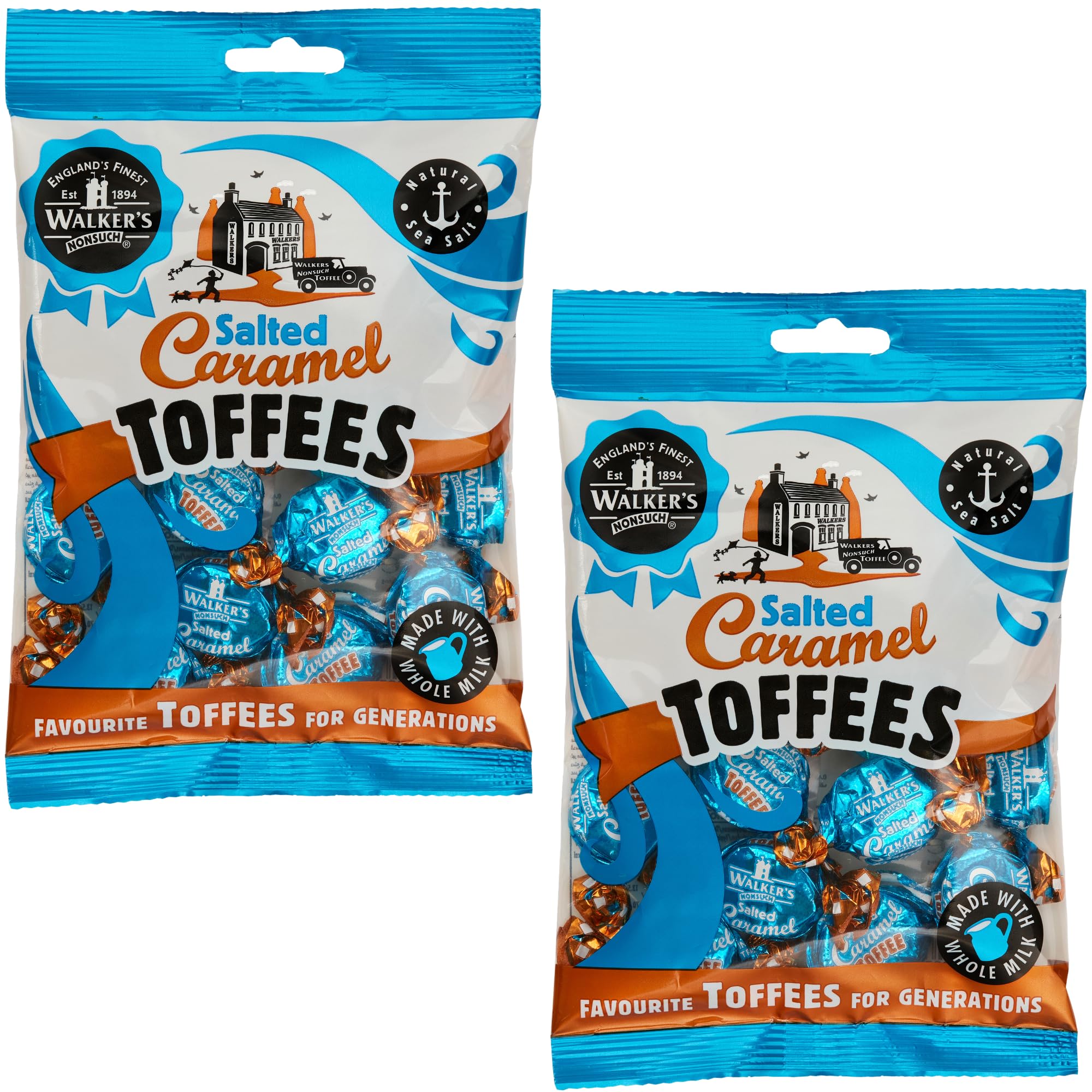 Salted Caramel Toffees | Traditional British Candy with Butter & Whole Milk | Sweet & Salty Treat | Individually Twist Wrapped Delicious Chewy Toffee | 5.29 Oz (Pack of 2)