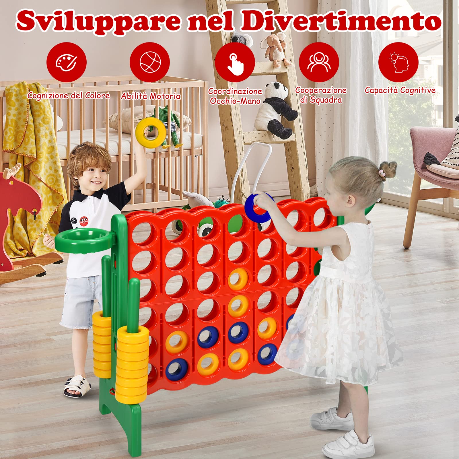 GYMAX Gioco Forza 4 Gigante 3 in 1, Anelli di Lancio, Canestro e Pallacanestro, per Bambini e Adulti, 84 x 33 x 74 cm (Verde)