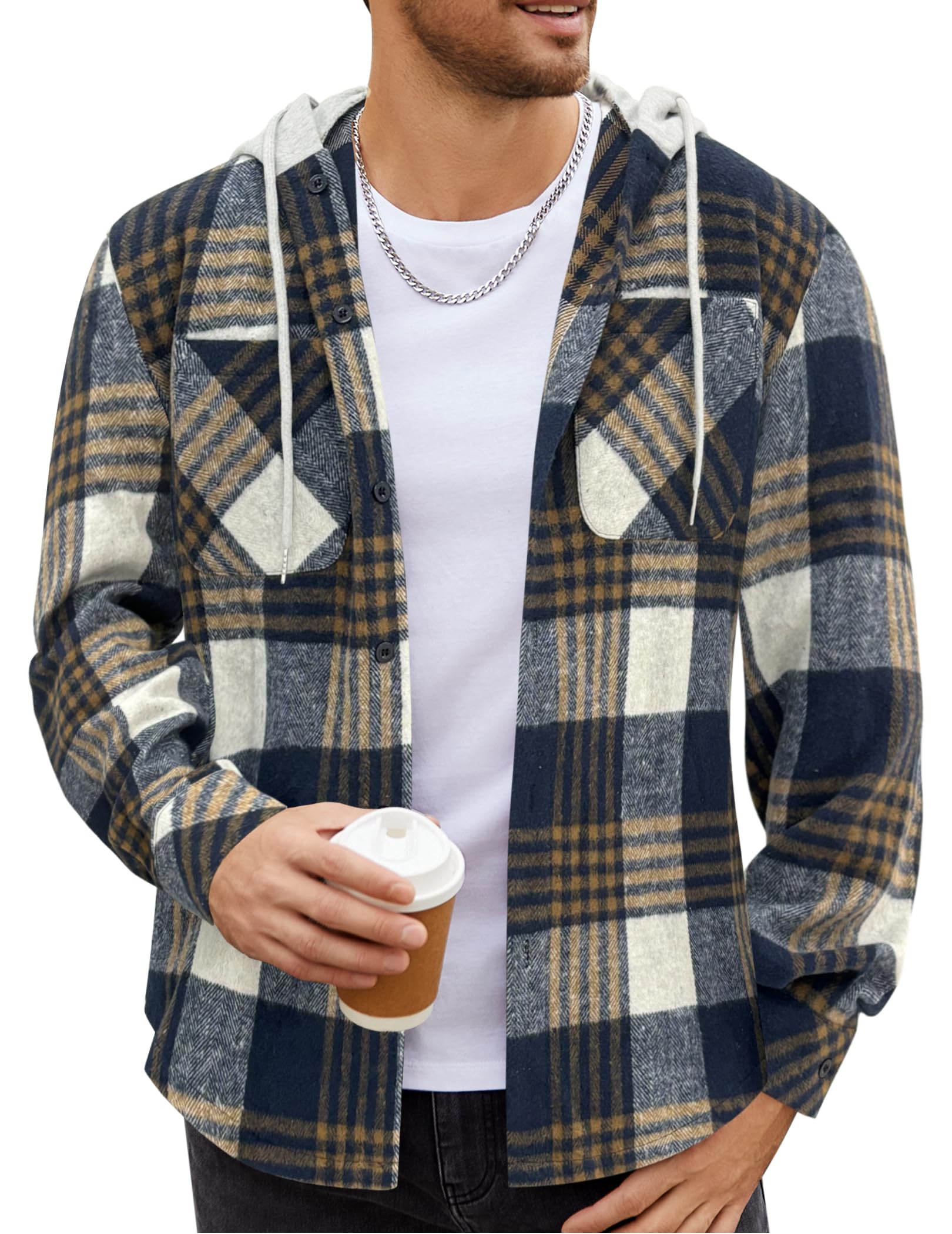COOFANDY Men's Flannel Hoodie Plaid Shirt Long Sleeve Button Down Casual Shirt Jacket Lightweight Fall Shacket