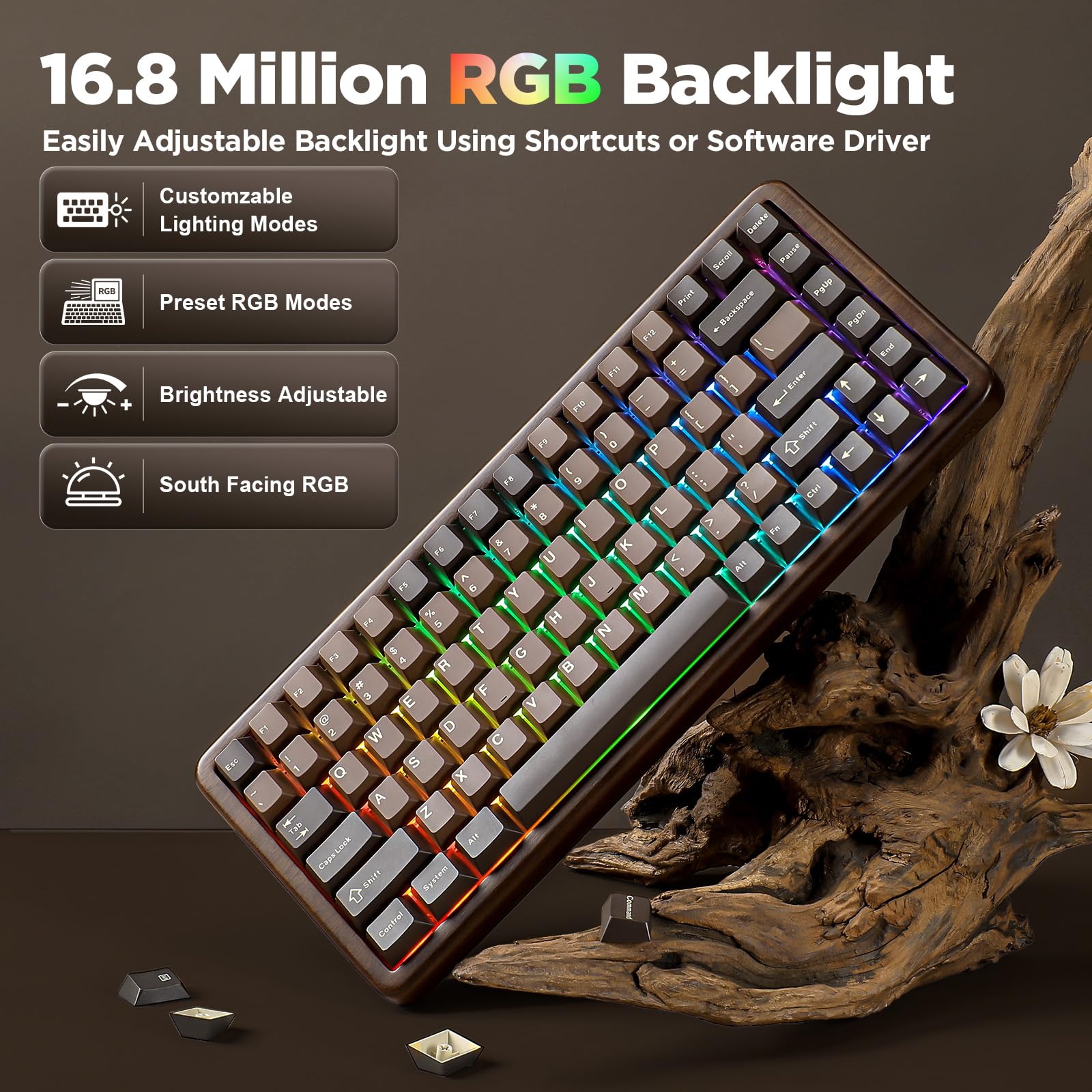 YUNZII WOOD84 Bezprzewodowa Klawiatura Mechaniczna, 75% Layout Drewniana Klawiatura Gamingowa, BT/2.4G/USB-C, Klawiatura Custom z PBT Double Shot Keycap (Brown, Candy Linear Switch)