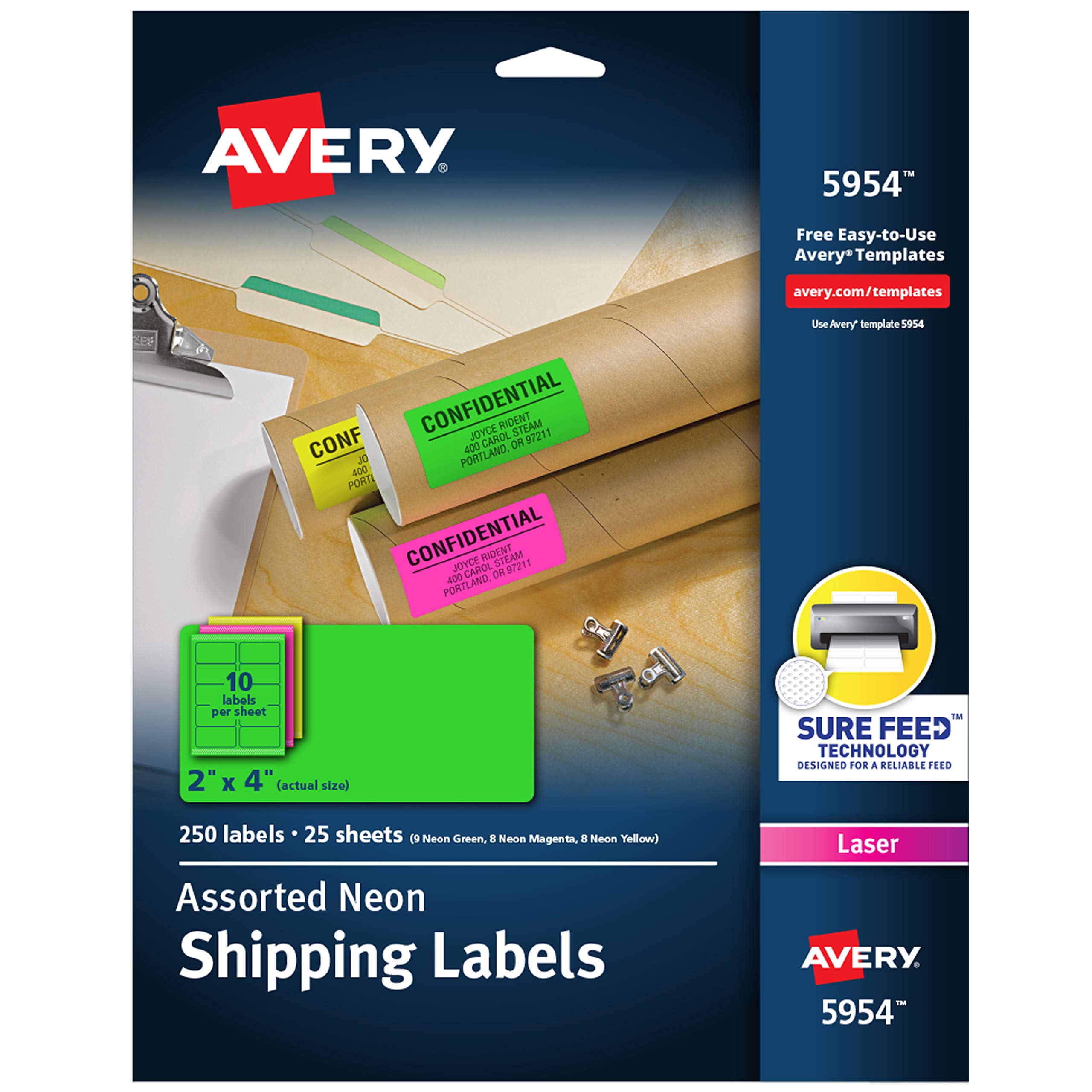 Avery 2"x 4" Neon Shipping Labels with Sure Feed for Laser Printers, Assorted Colors, 250 Neon Labels (5954)