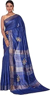 Singaara Women's Indigo Blue Tussar Silk Saree – Pure Pattu Saree with B...