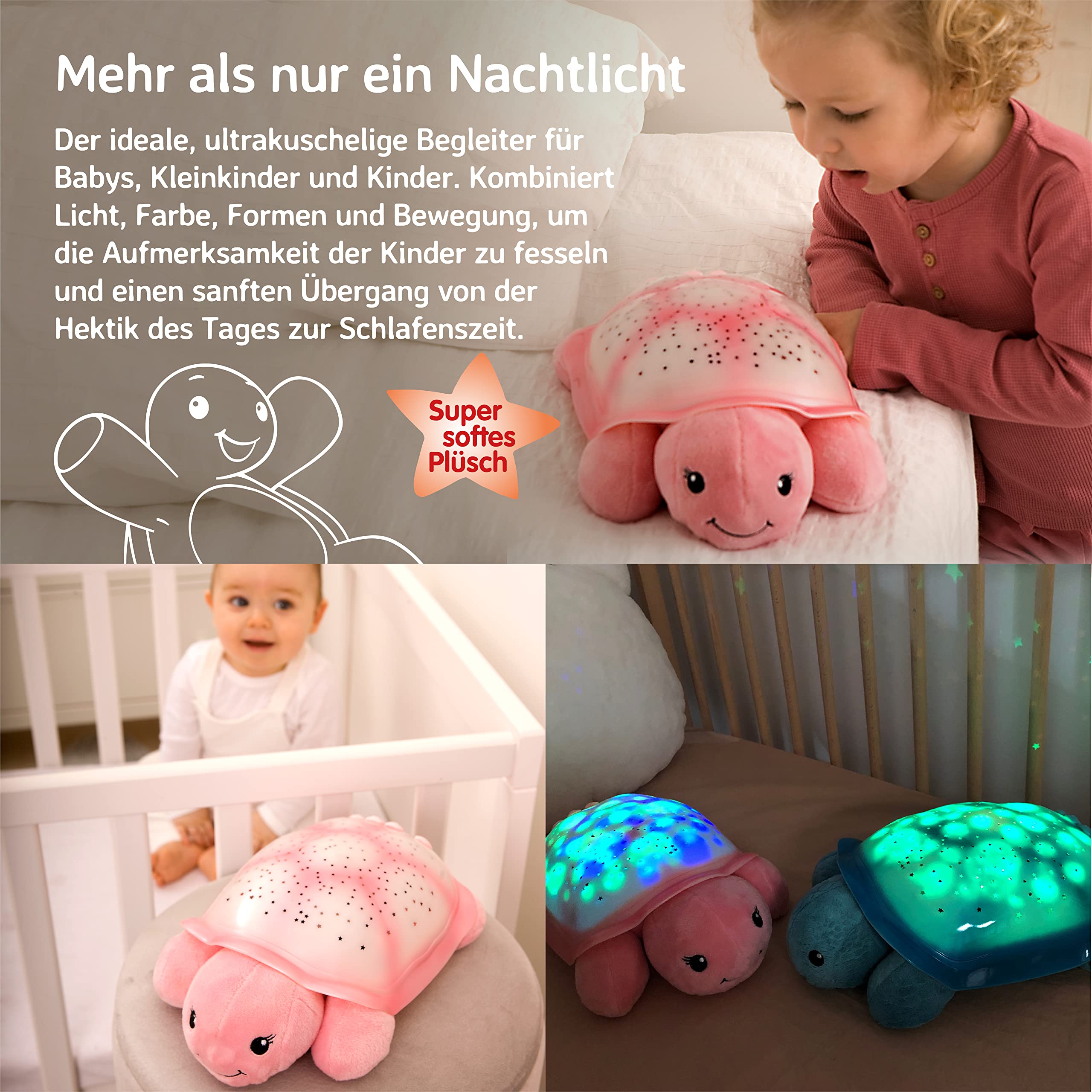 Cloud b Beruhigendes Nachtlicht Sternenprojektor mit Musik | Sternenhimmel Projektor Kinder mit 3 Farben & Soundeffekten | Einschlafhilfe mit Auto-Off 23 Min | Twinkling Twilight Turtle Pink