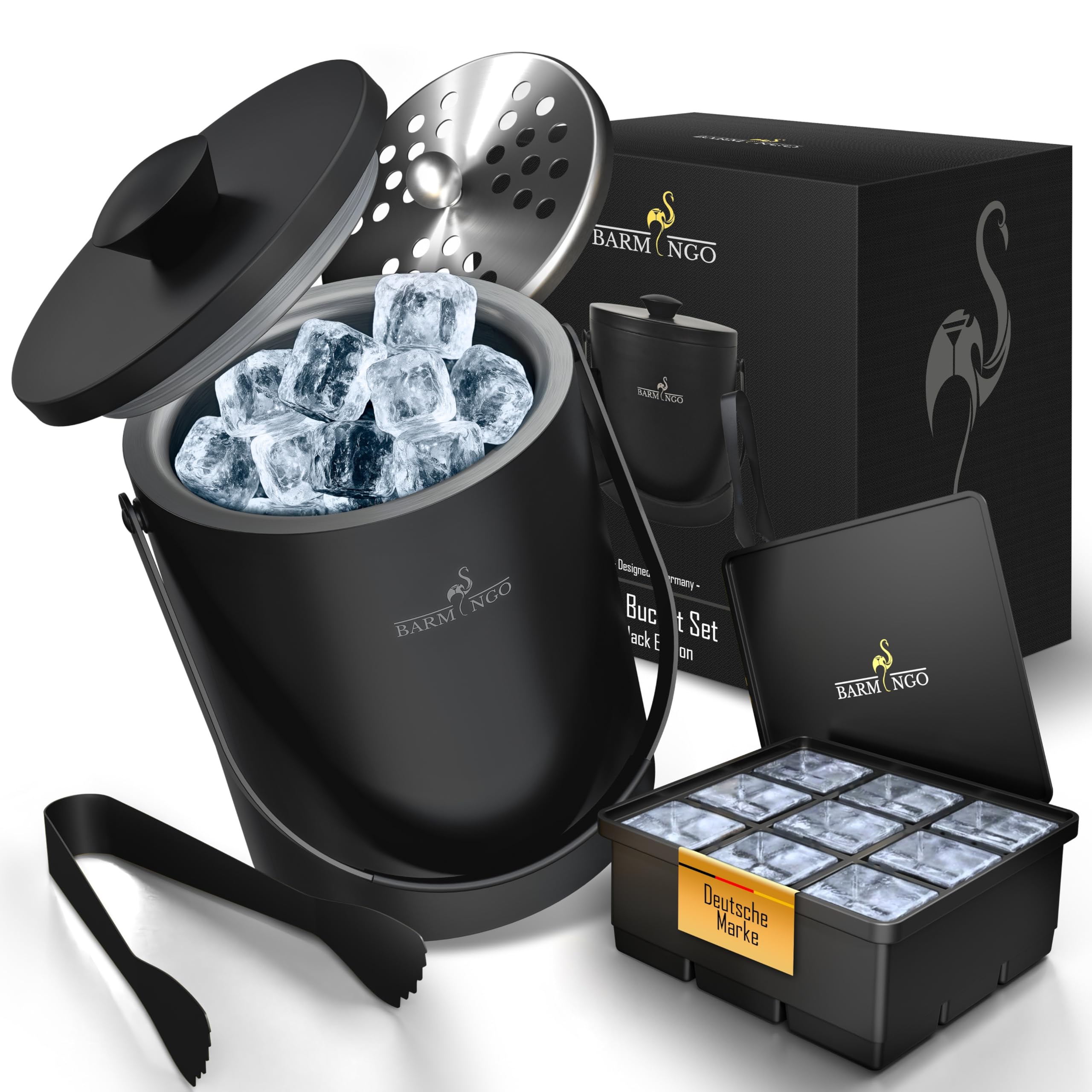 Edelstahl Eiswürfelbehälter mit Deckel - 2l Eiskübel/Eisbehälter für Eiswürfel mit Sieb, Eiswürfelform und Zange | Eiseimer doppelwandig, isoliert, BPA-frei