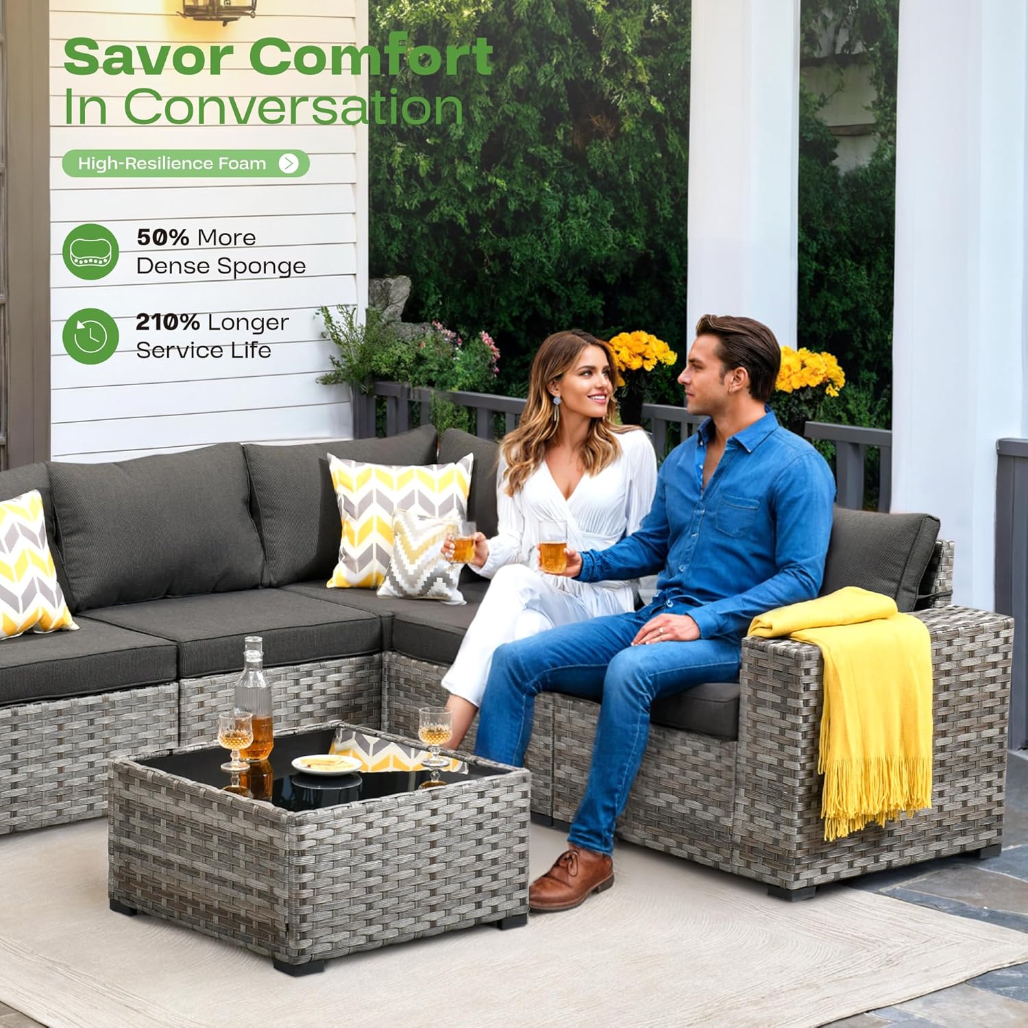 6 Pieces Widen Armrest Patio Coversation Set, Outdoor Furniture Modular Couch with Coffee Table, Rattan Wicker Sectional Sofa for Porch Balcony Backyard, Black