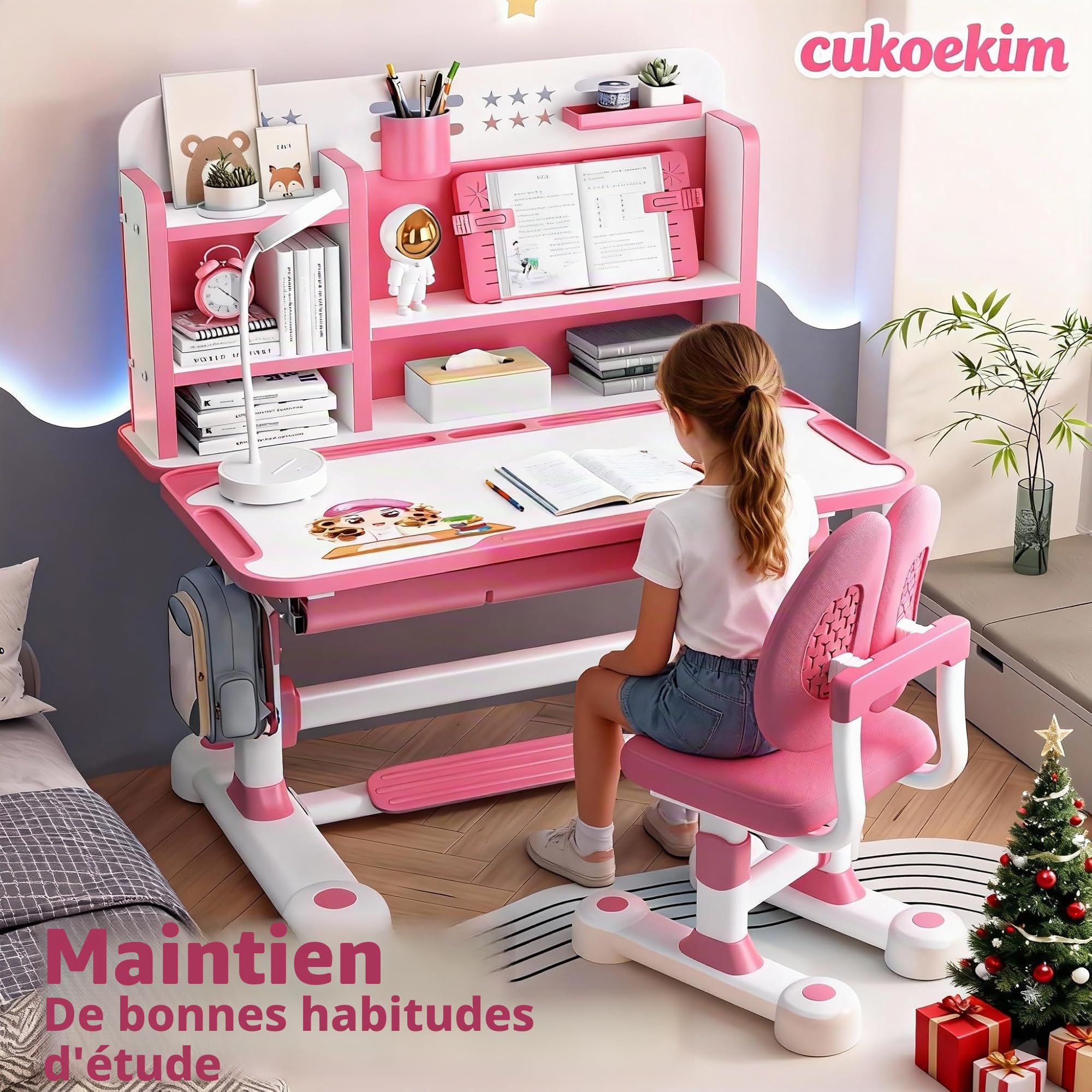 Ensemble bureau et chaise réglables pour enfants avec séparateurs et tiroirs, bureau d'étude avec chaise ergonomique, table et chaises pour enfants pour écrire, lire (rose)