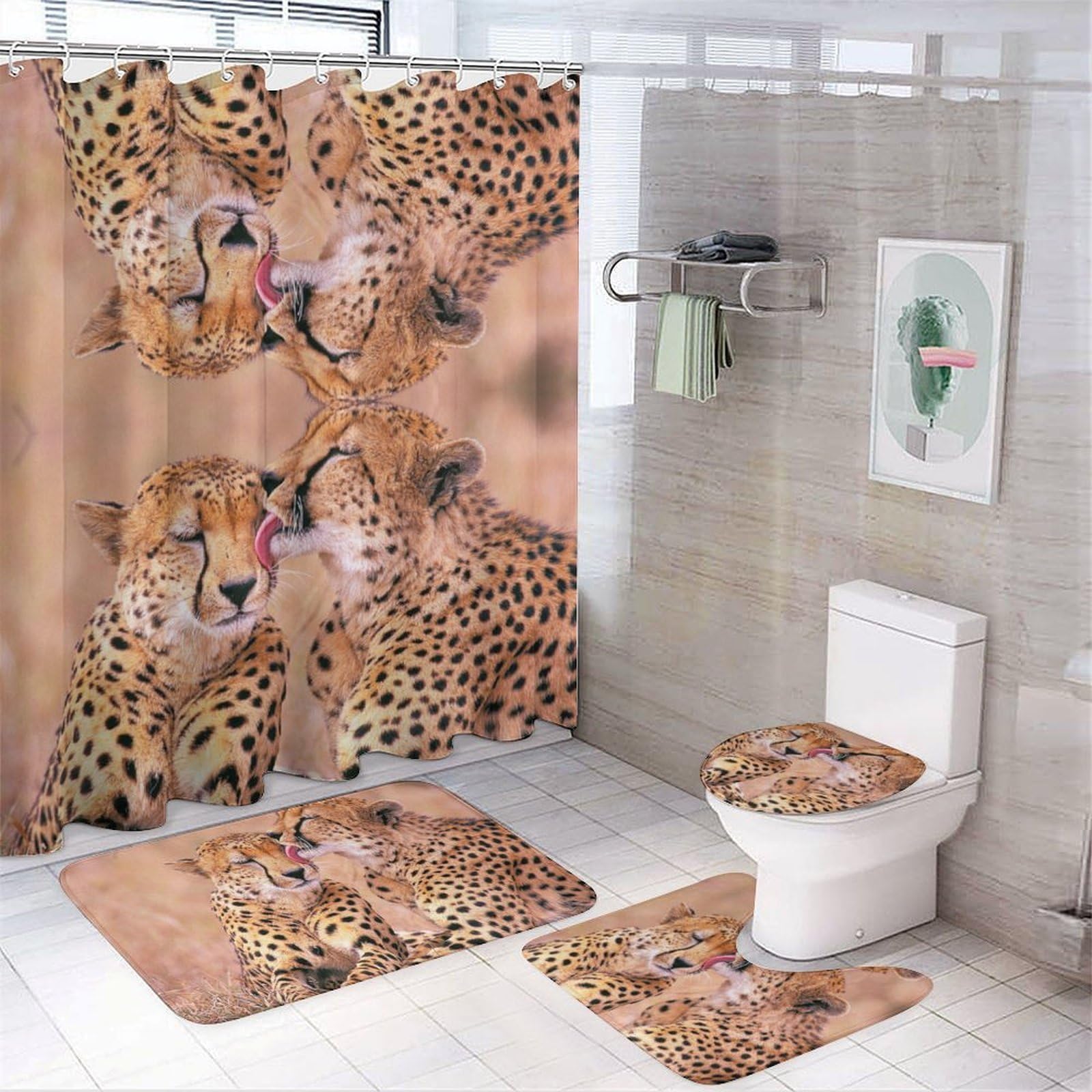 JiuPopular Bathroom Mat Set 4 Piece, Cheetah Couple Shower Curtain with Non-Slip Bath Mats for Bathroom