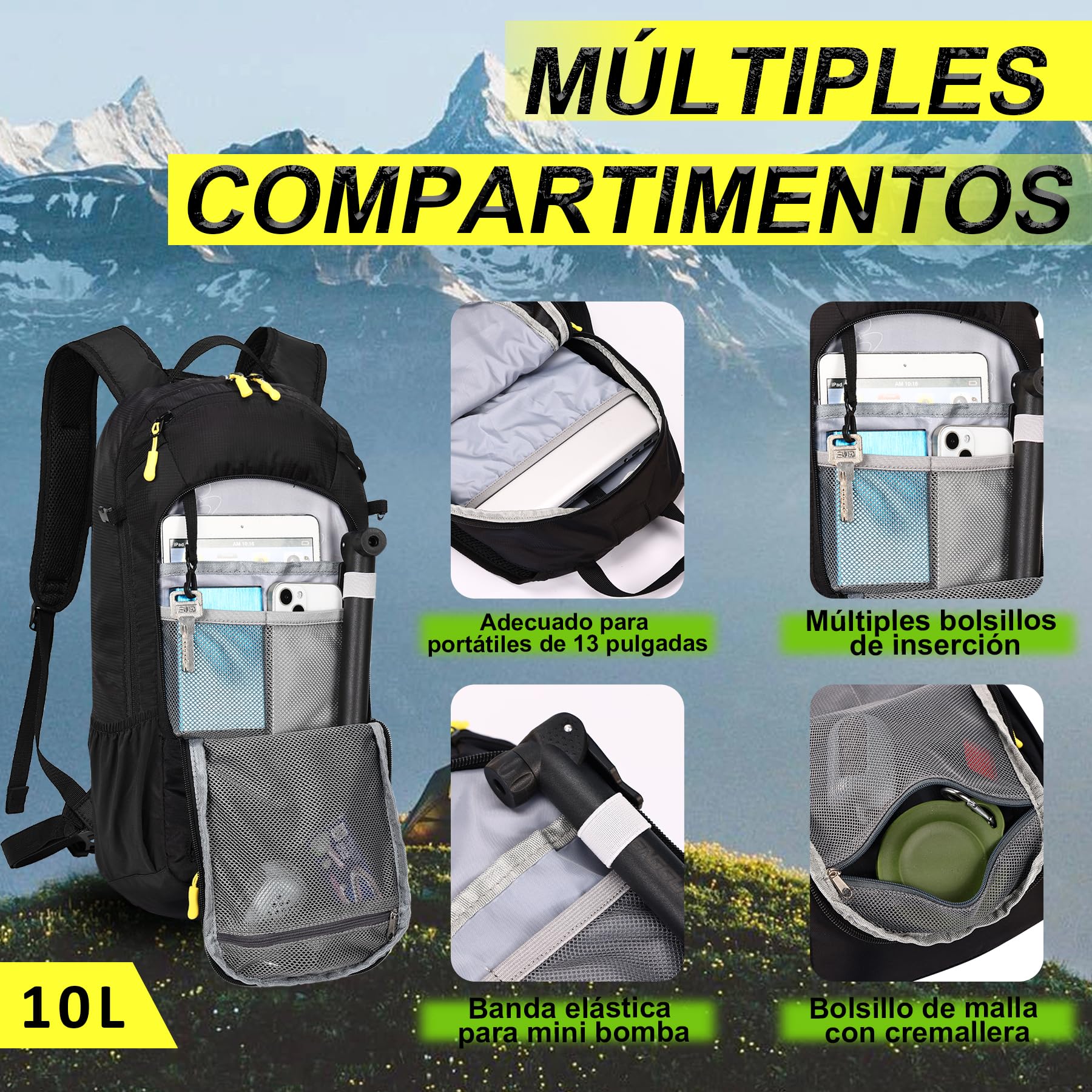 LOCAL LION Mochila Ciclismo 10 Litros, Mochila MTB de Hidratación, Mochila Bicicleta Montaña Pequeña Ligera con Funda Impermeable y Funda Casco para Bici Enduro Running Esqui Ski para Hombre y Mujer
