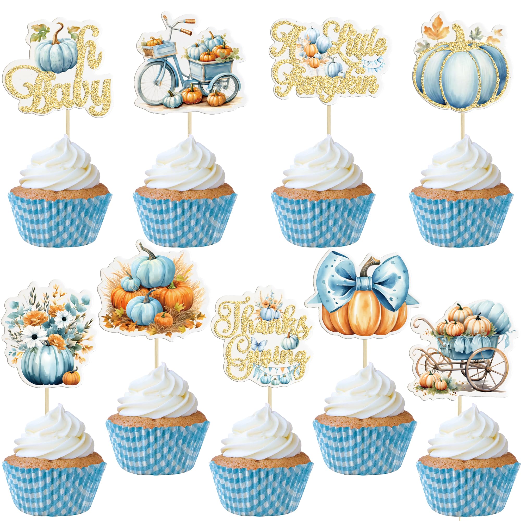Gyufise 36Pcs Pumpkin Oh Baby Cupcake Toppers Little Pumpkin Baby Shower Cake Decorations Fall Floral Cake Topper Picks for Thanksgiving Halloween Gender Reveal Party Supplies Blue
