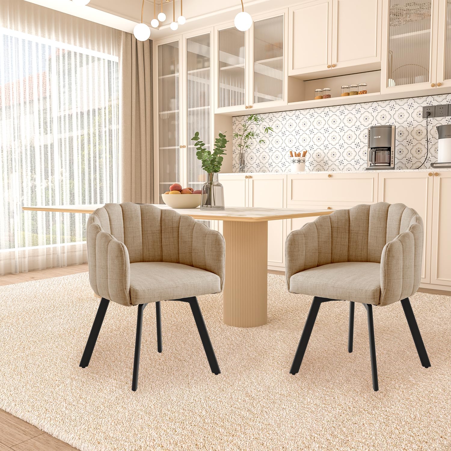 Sillas de comedor giratorias, juego de 2 sillas giratorias de comedor con reposabrazos, sillas tapizadas de tela de lino, sillas giratorias con patas de metal, sillas de cocina, sillones de