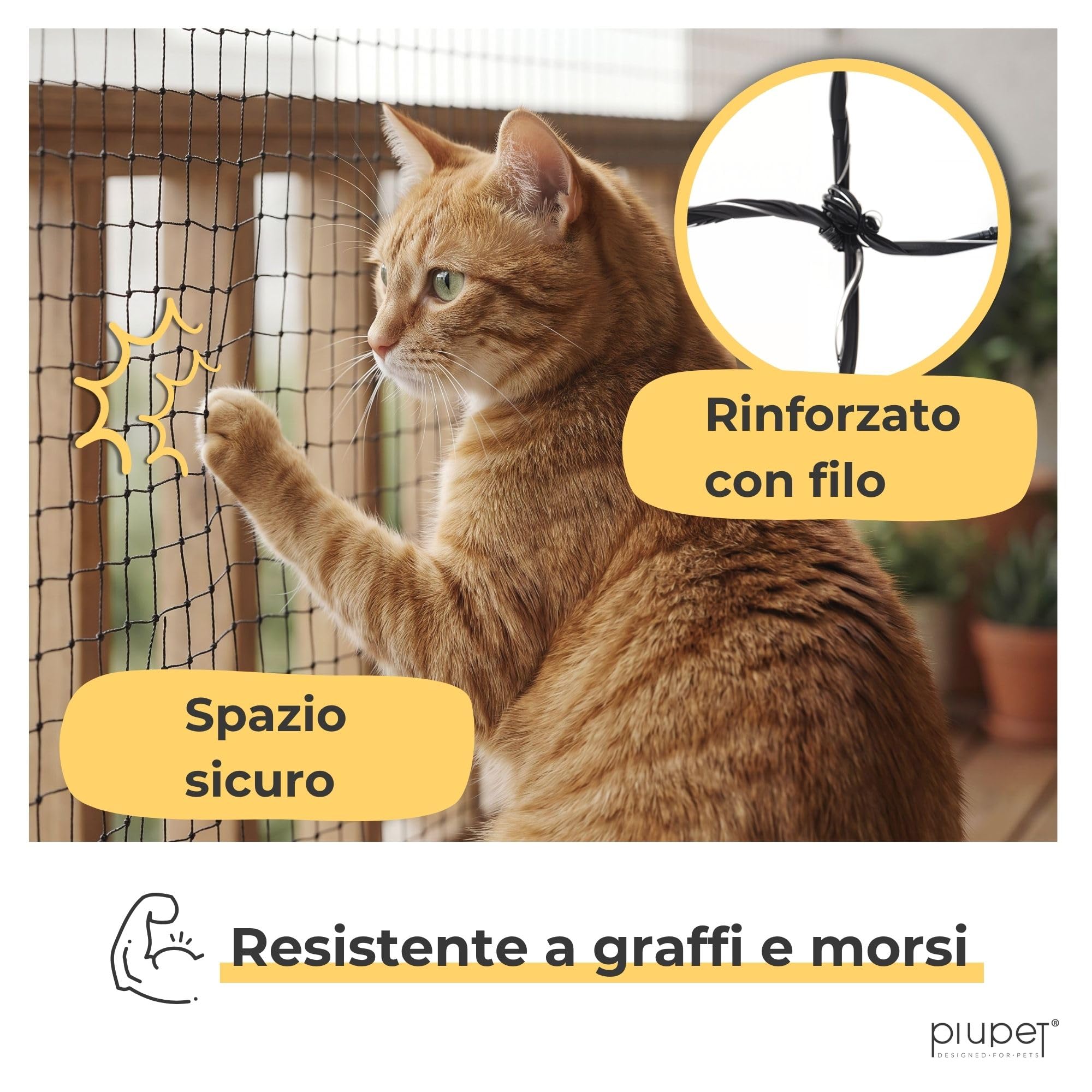 PiuPet® Rete per Gatti I Rinforzata I 4x3m I Incl. Corda di Fissaggio I Rete per Gatti Balcone | Rete per Balcone Esterno