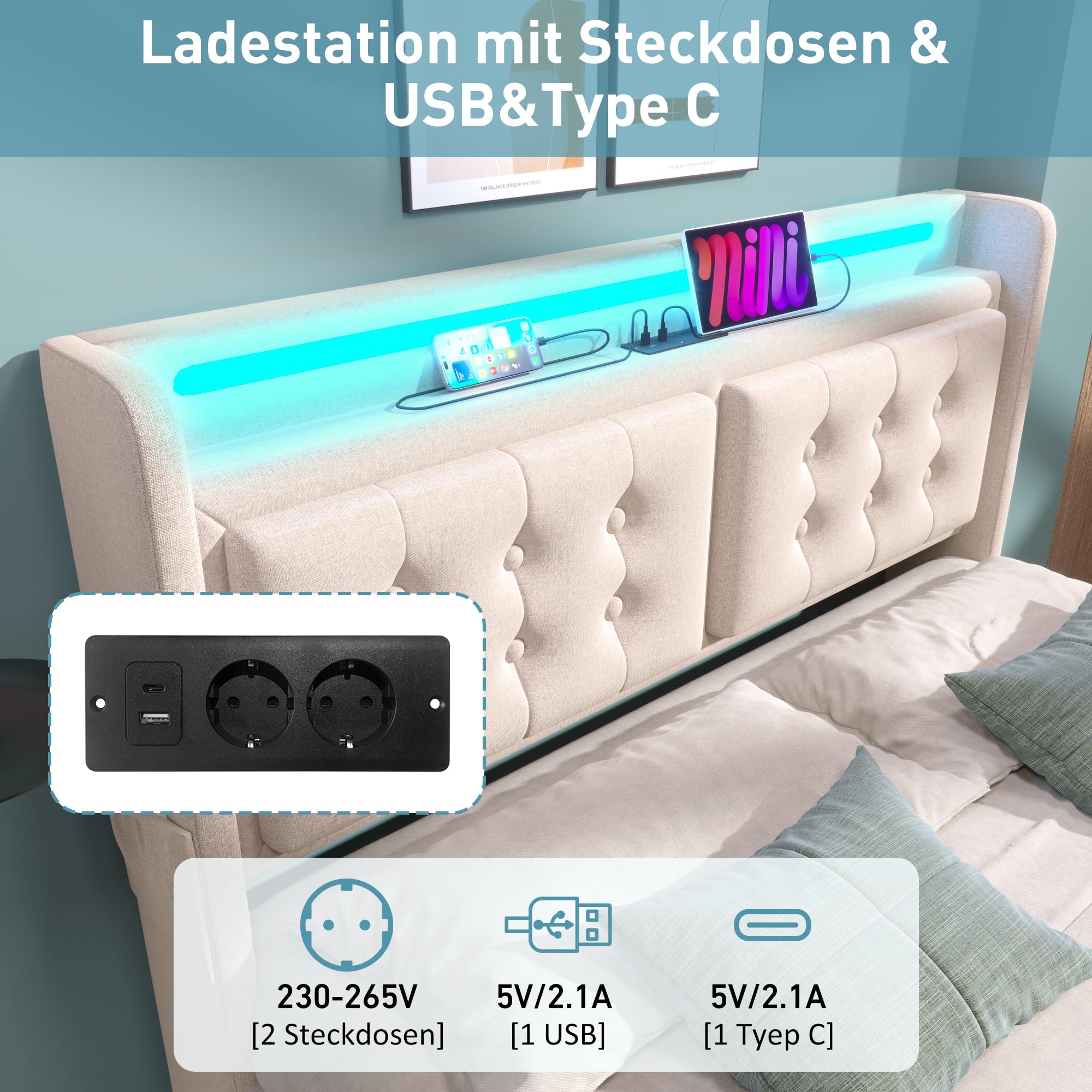 Letto Matrimoniale 160x200 Con Contenitore E Luci LED – Porte USB E Letto Estraibile – Beige