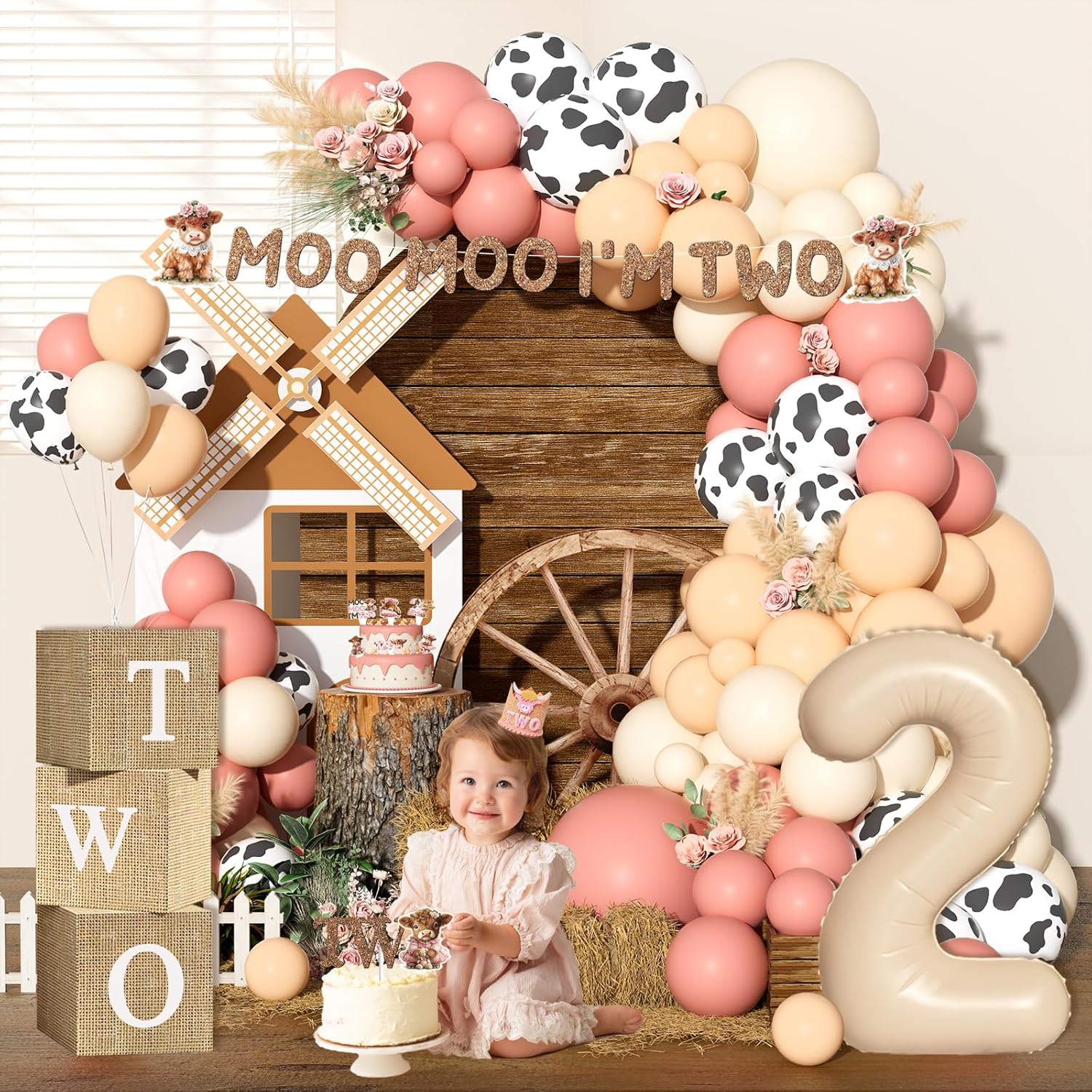 Moo Moo I’m Two Birthday Party Decorations, 124 Pcs – Highland Cow 2nd Party Supplies with Backdrop, Balloon Garland, Cake Topper, Boxes for Girls Boho Cow Themed 2 Year Old Birthday