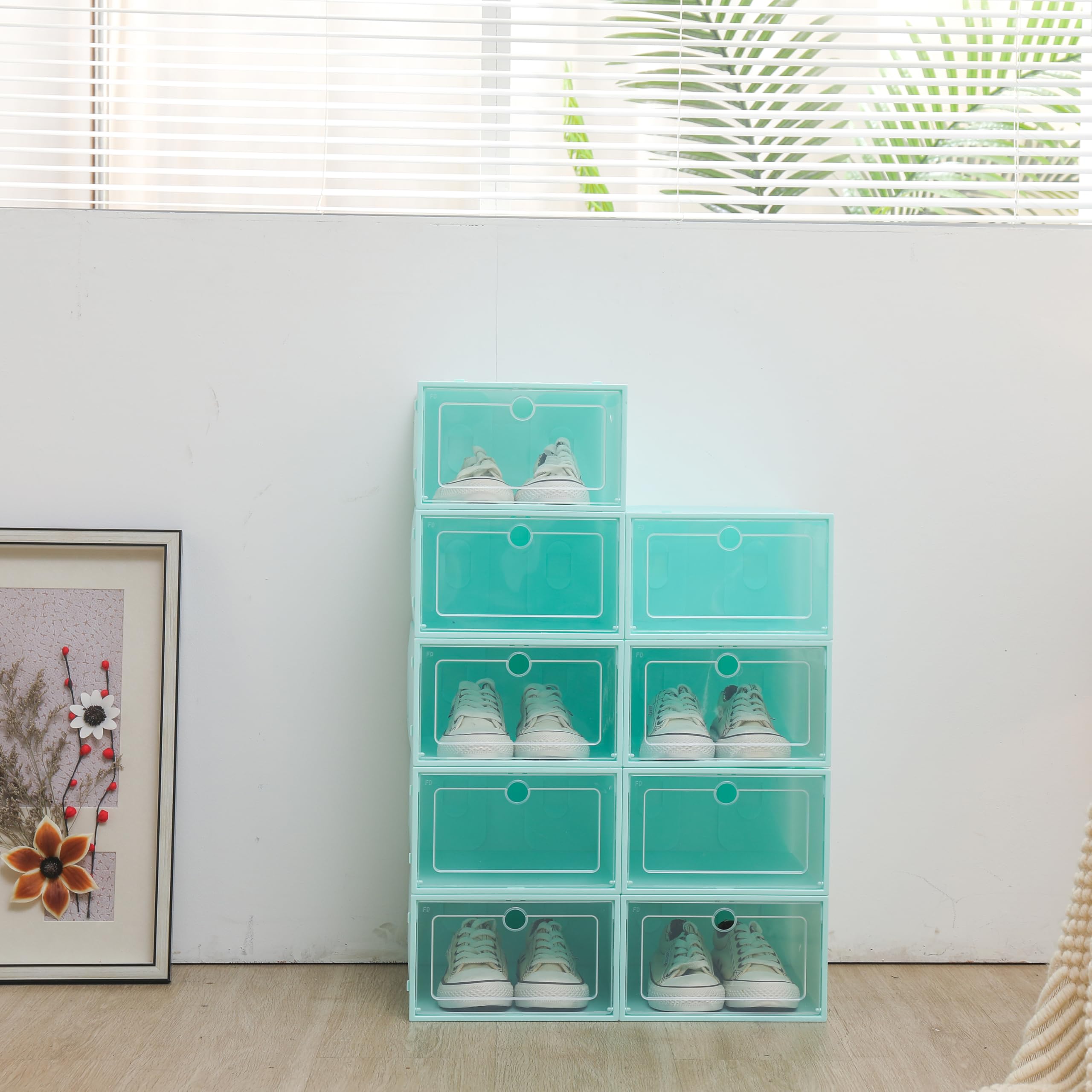 Juego de 24 cajas de zapatos de plástico, plegables y apilables, para zapatos de hasta la talla 44, ahorrarás mucho espacio de almacenamiento (verde esmeralda)