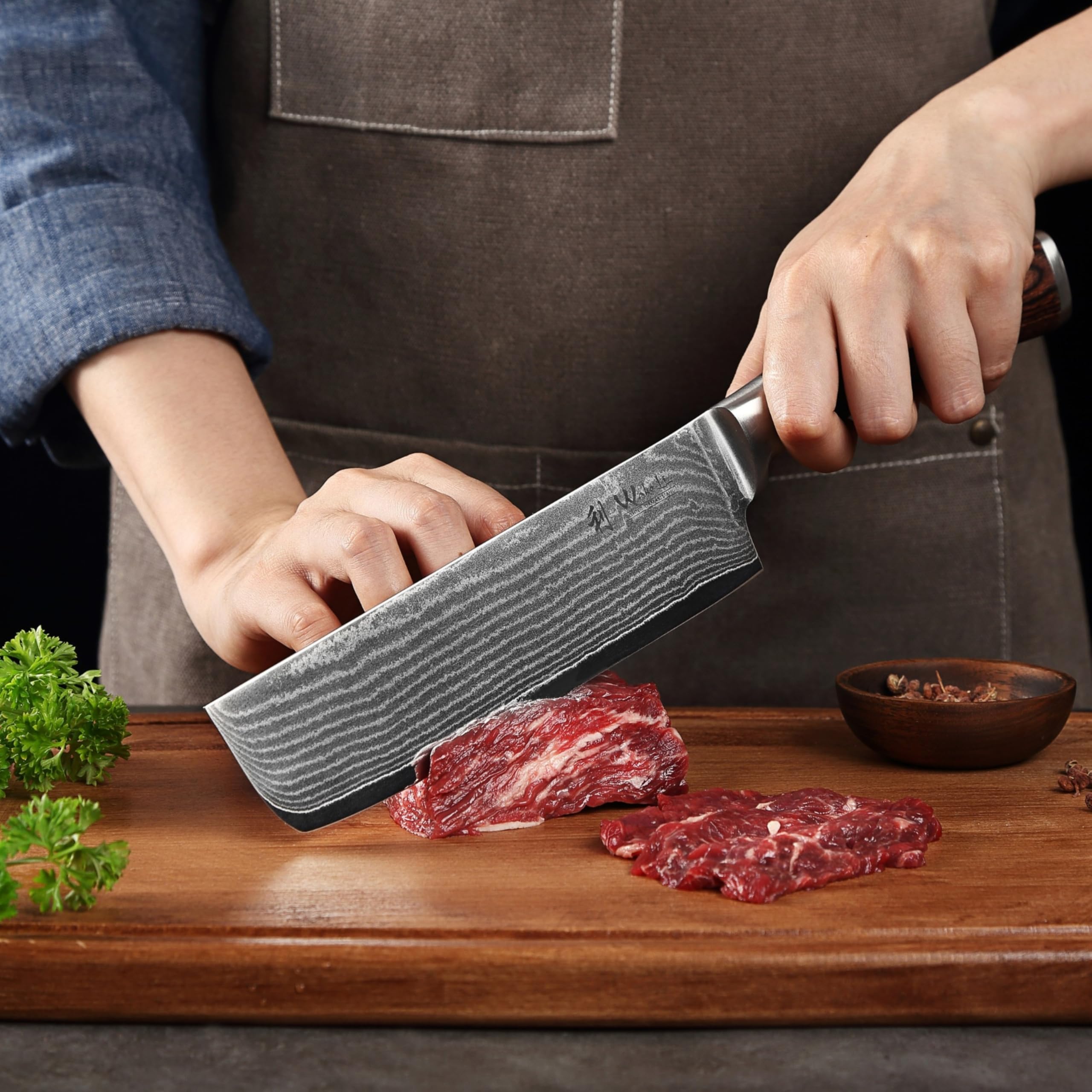 Wakoli EDIB Couteau Nakiri de Cuisine Professionnel en Damas, Lame 17,5 cm | acier damassé à 67 couches, noyau VG10, manche en bois de pakka, lame tranchante et précise pour les travaux en cuisine