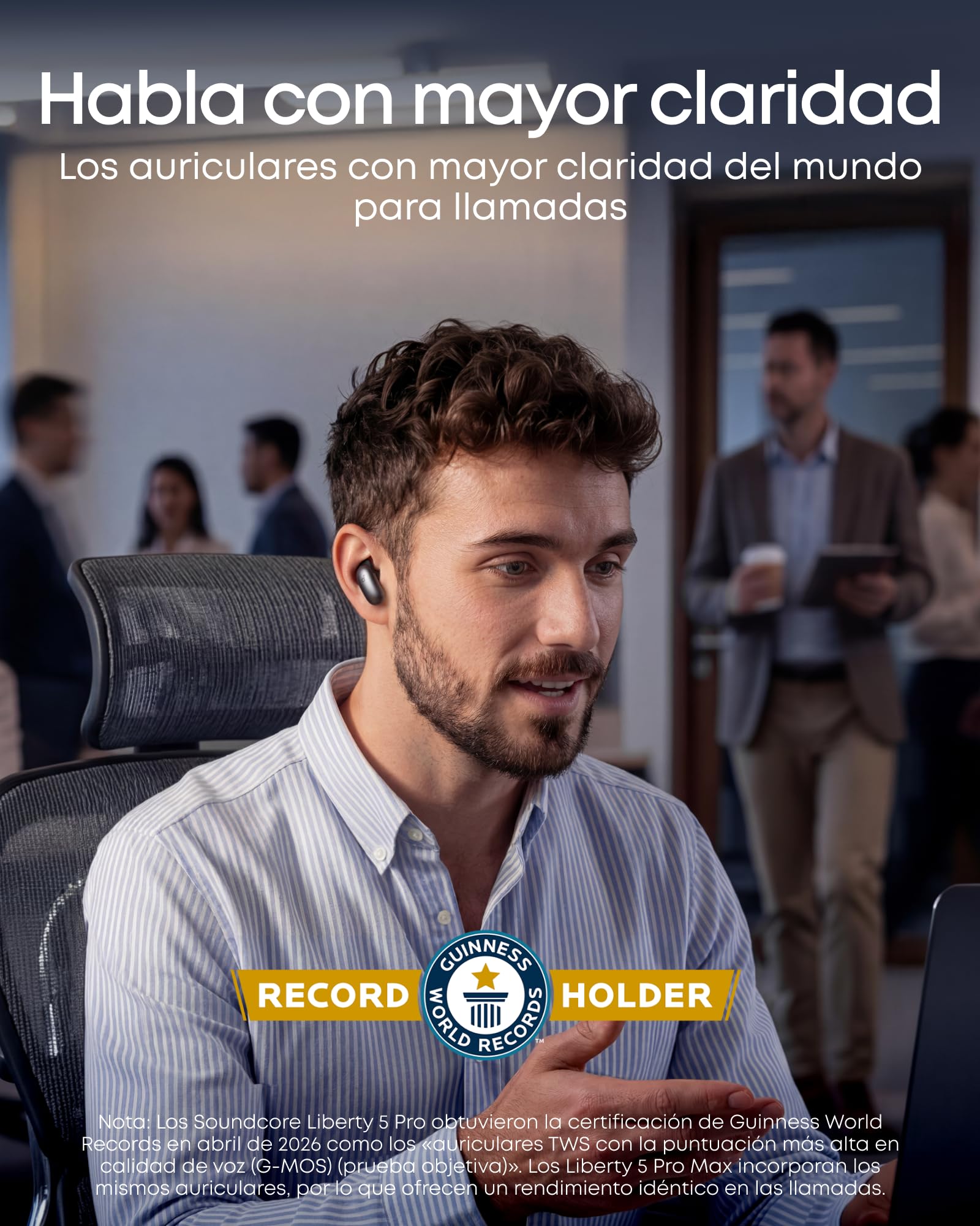 Soundcore Liberty 5 Pro,Auriculares inalambricos Bluetooth con Chip IA,Llamadas nítidas certificadas por los Récords Mundiales Guinness,cancelacion Ruido adaptiva,Hi-Res,traductor en Tiempo