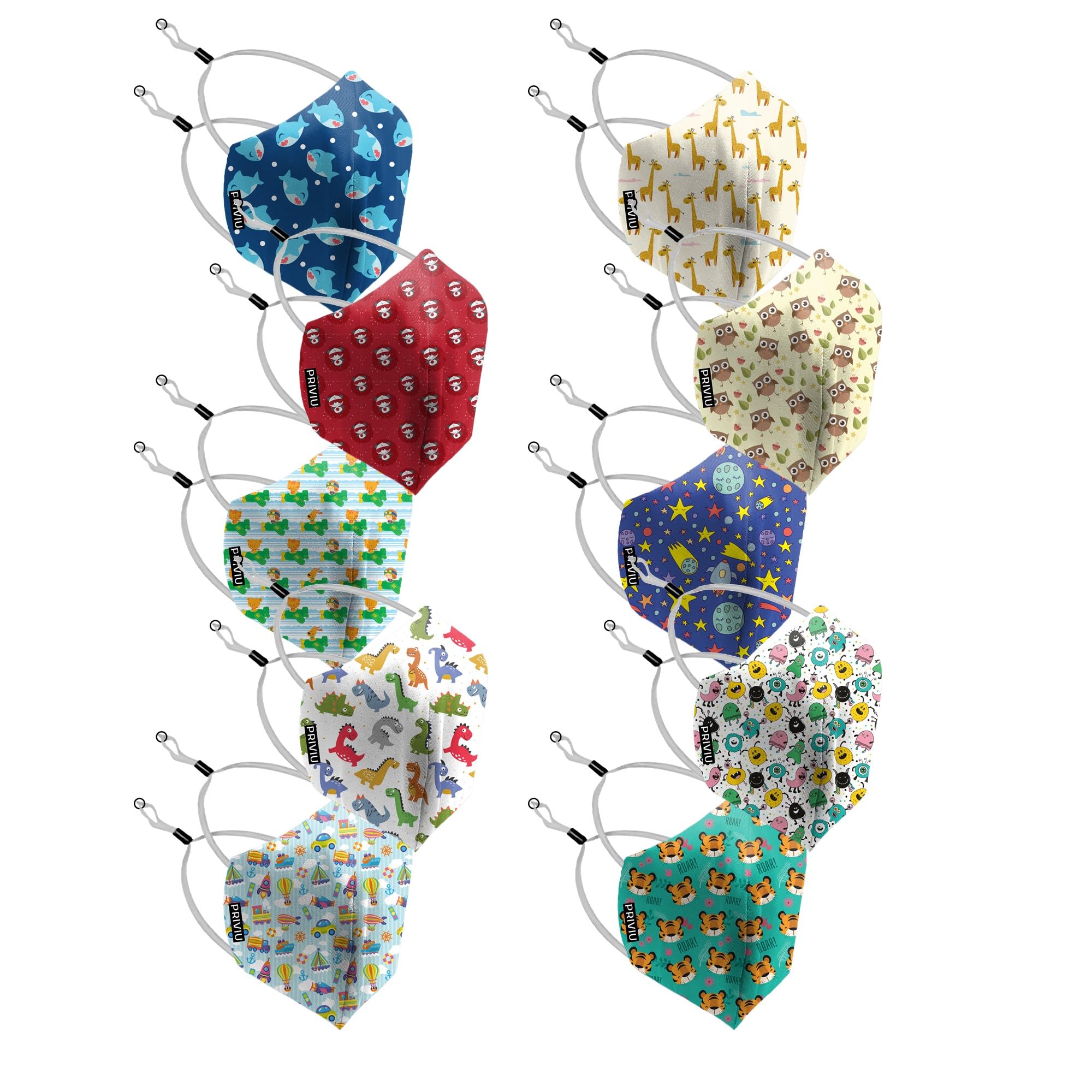 PRIVIU Masks for Boys and Girls 2 to 6 Years, Washable Reusable, 3D Comfortable Face Mask with Adjustable Overhead Strap, 4 Layer with Pure Cotton Inner Cloth, Pack of 10