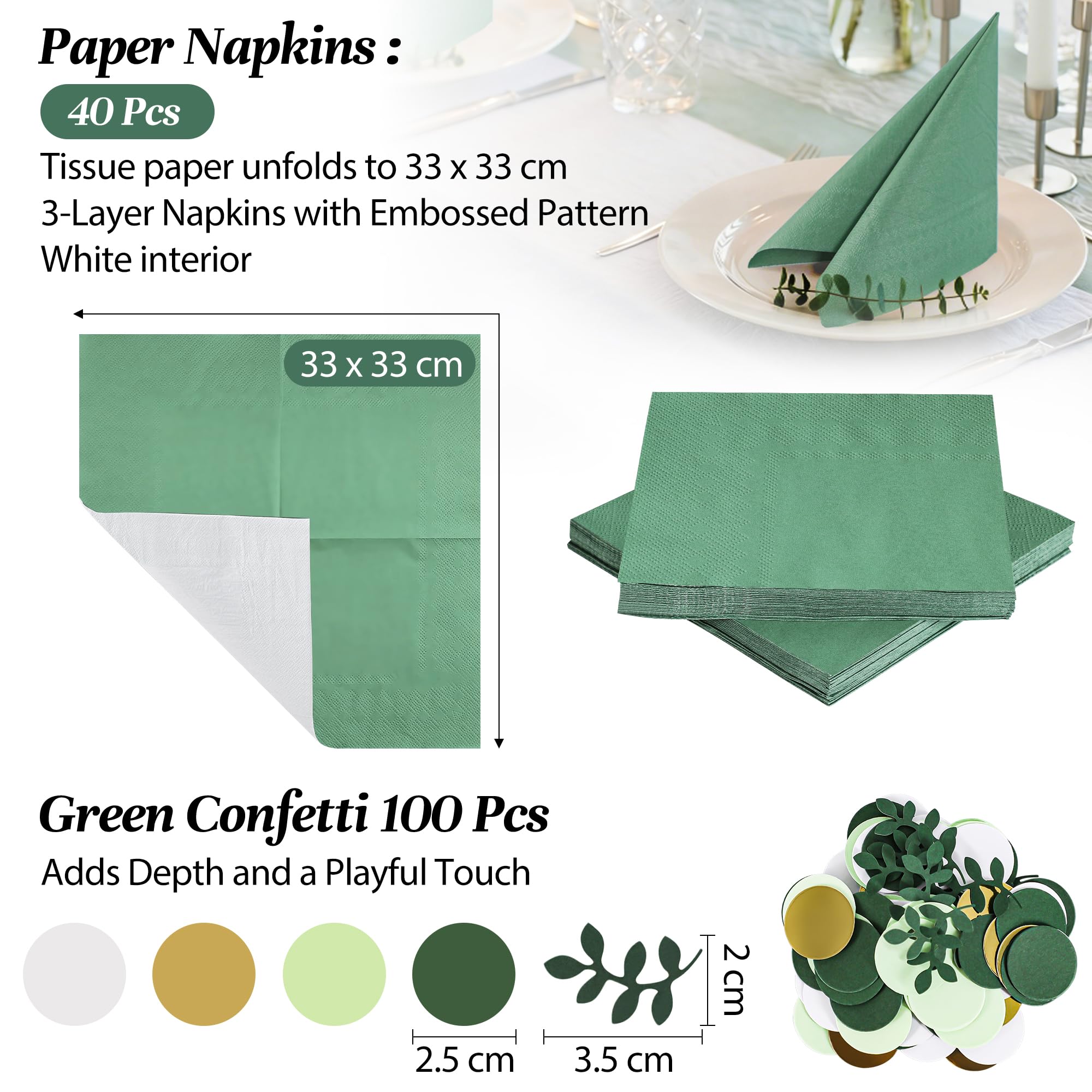 Set da tavolo Eucalipto verde eucalipto runner in tessuto non tessuto + nastro in pizzo bianco + 40 tovaglioli + 100 pezzi per comunione, battesimo, cresima, matrimonio, elegante