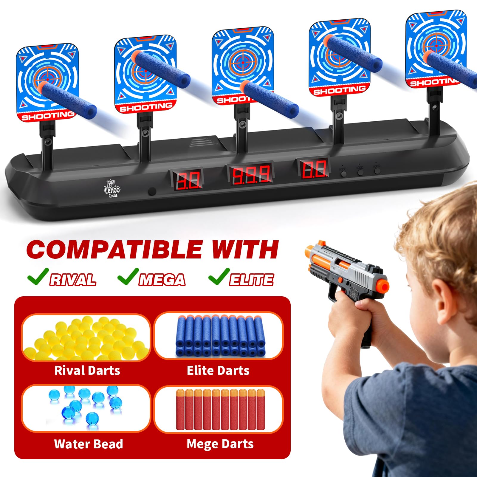 Lehoo Castle Nerf Zielscheibe, Automatische Elektrische Zielscheibe für Nerf Gun, 20 Weiche Schaumstoffdarts, Geschenke für Junge ab 3 4 5 6 7 8 9 Jahre