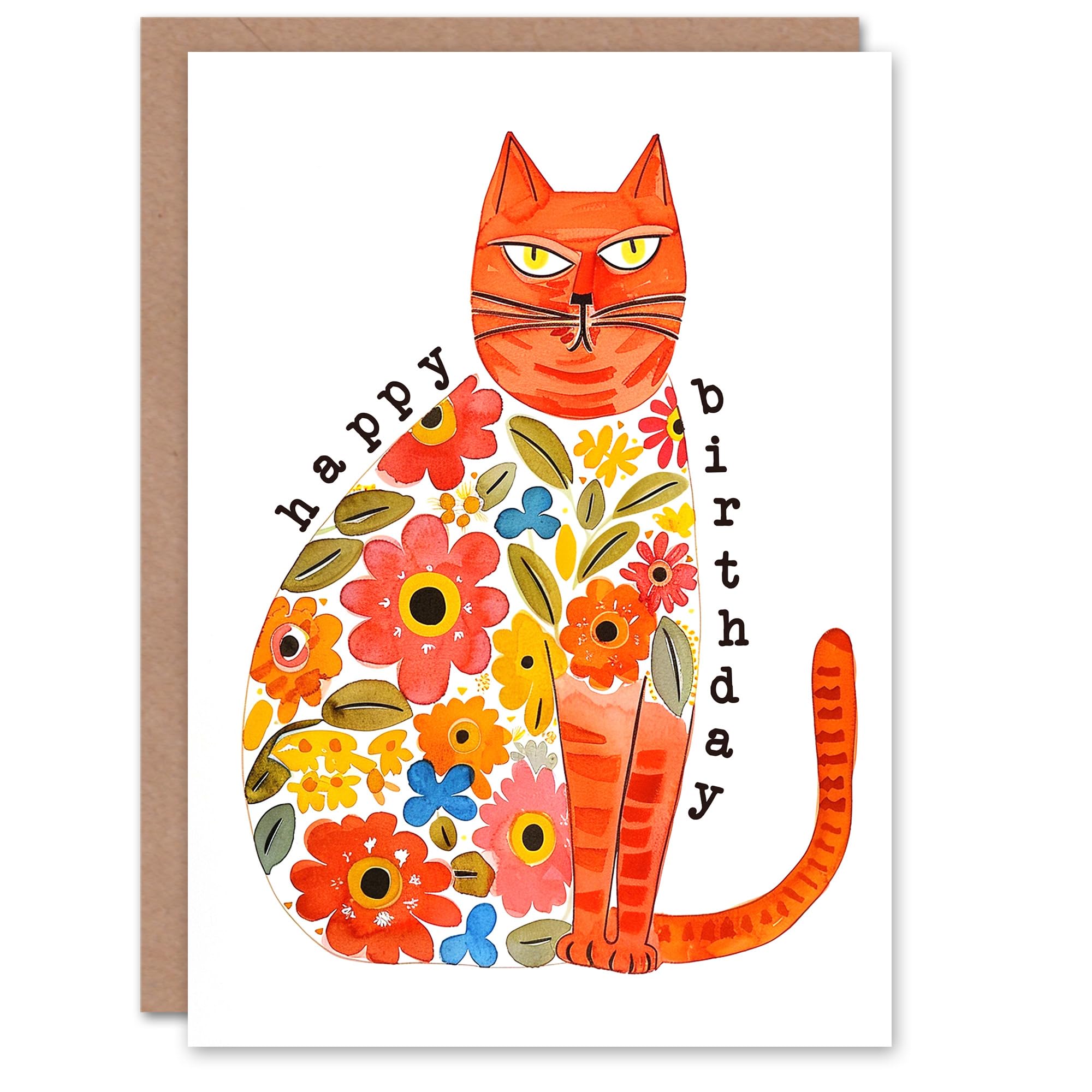 Artery8 Ginger Cat Lover Floral Fur Coat Tabby Folk Art Blank For Him Or Her Art Birthday Card