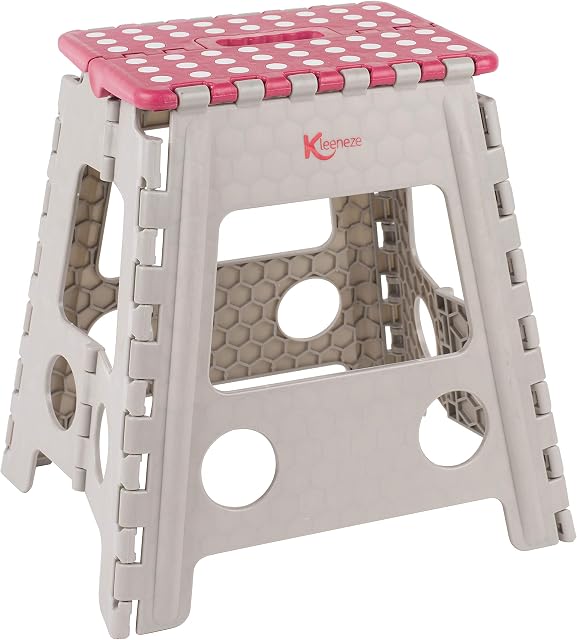 Kleeneze KL064479EU Large Folding Step Stool, Carry Handle, Lightweight Plastic Step-Up Footstool, Foldable Design, Compact Storage, DIY Accessory, Max. Weight 150 KG, 29.5cm, Pink