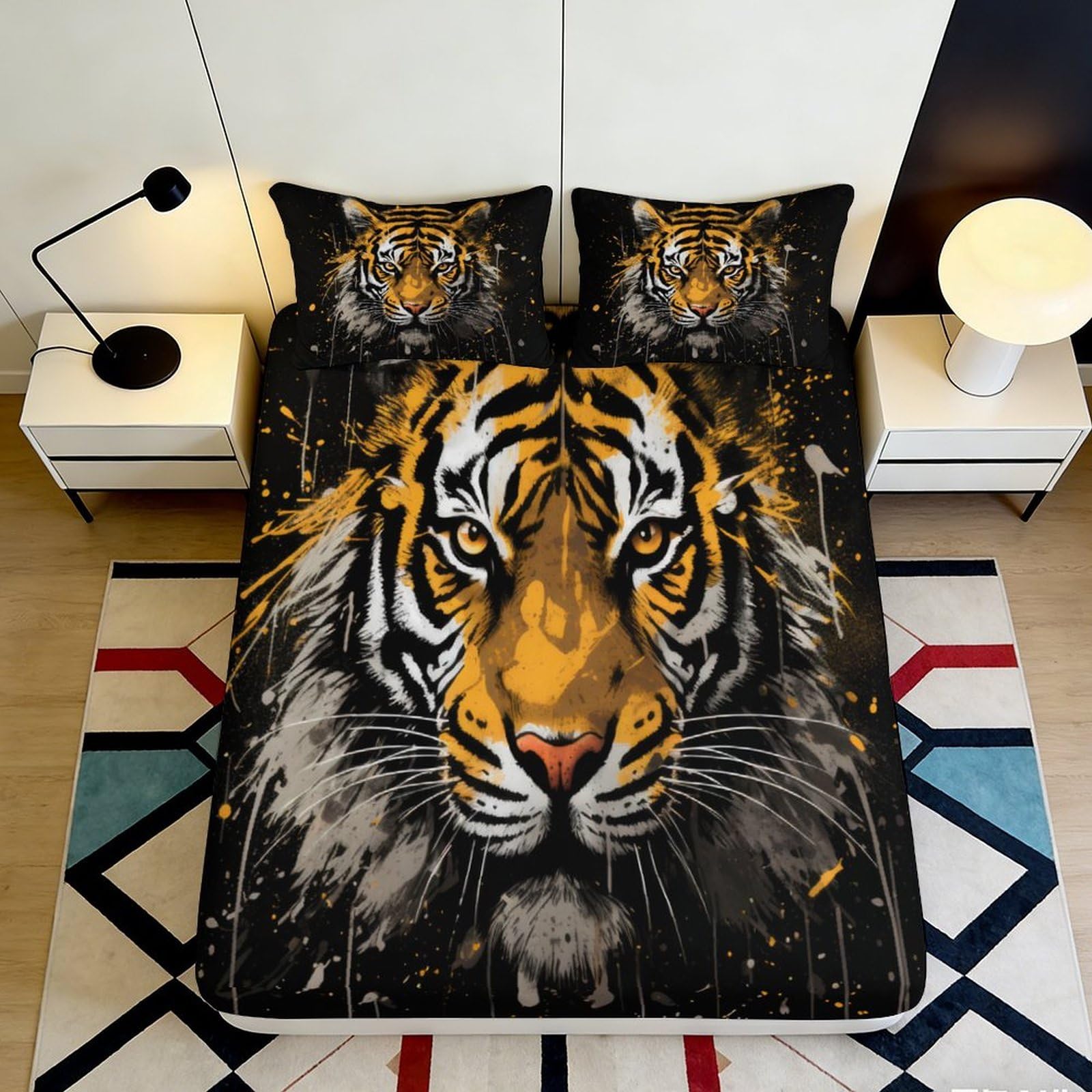 3D Printed Tiger Face Fitted Sheet Microfiber Soft Durable Black Orange Bed Cover for Bedroom Dormitory Guest Room Protection Decoration 140x200x25cm