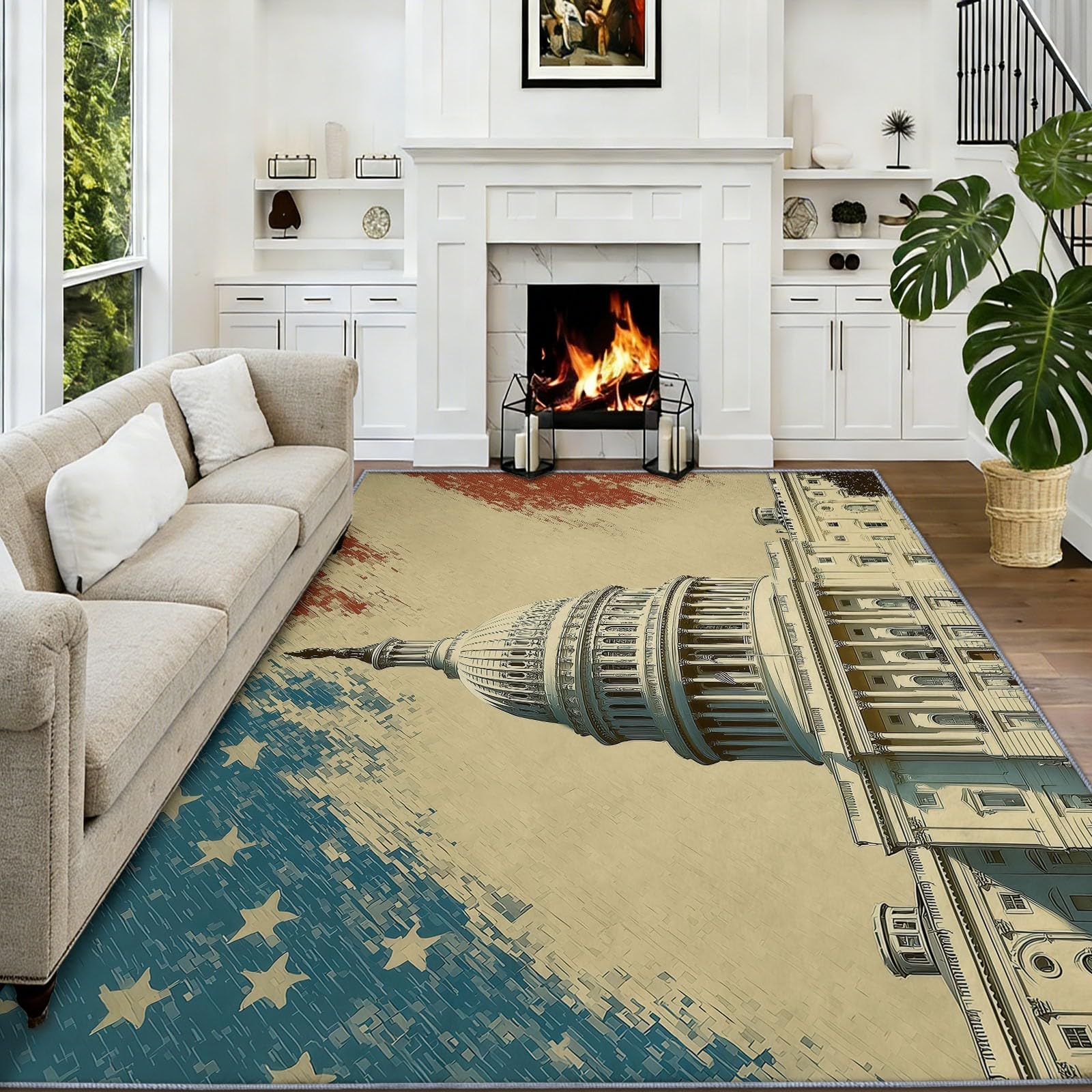 Teppich Wohnzimmer Schloss im Retro-Stil 80x150cm Modern Kurzflor Anti-Rutsch Teppiche, für Schlafzimmer, Raumdekoration, Weiche Flauschiger Teppich